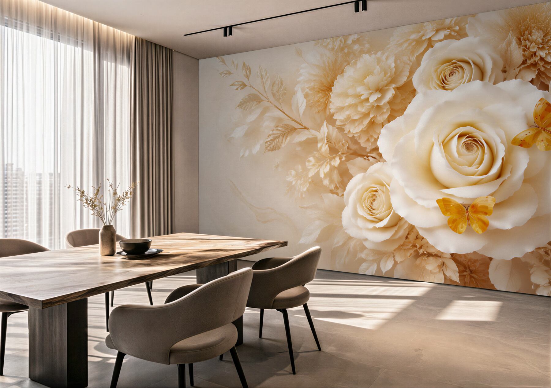 Fototapeta beżowe róże z motylami elegancka kwiatowa do sypialni i salonu?v23