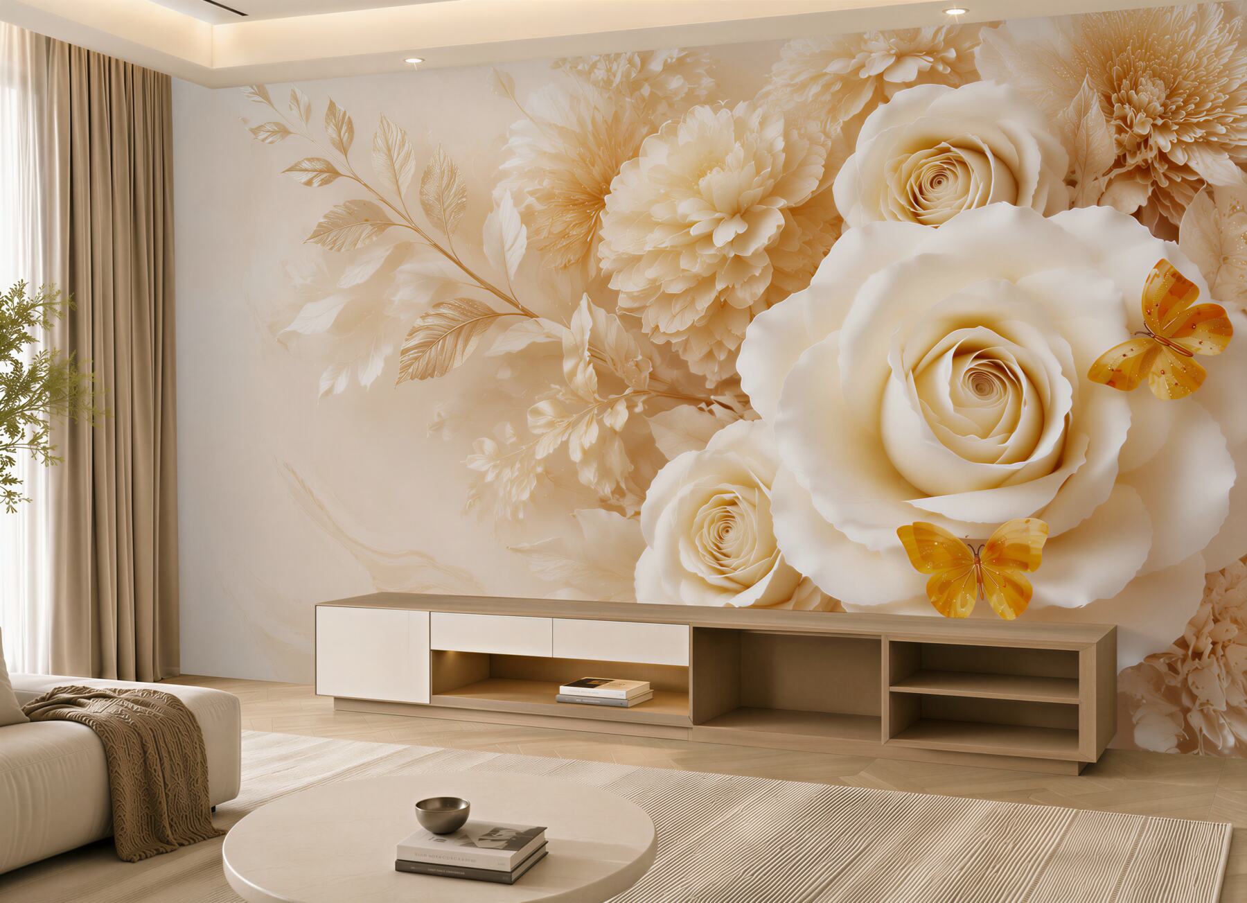 Fototapeta beżowe róże z motylami elegancka kwiatowa do sypialni i salonu?v23