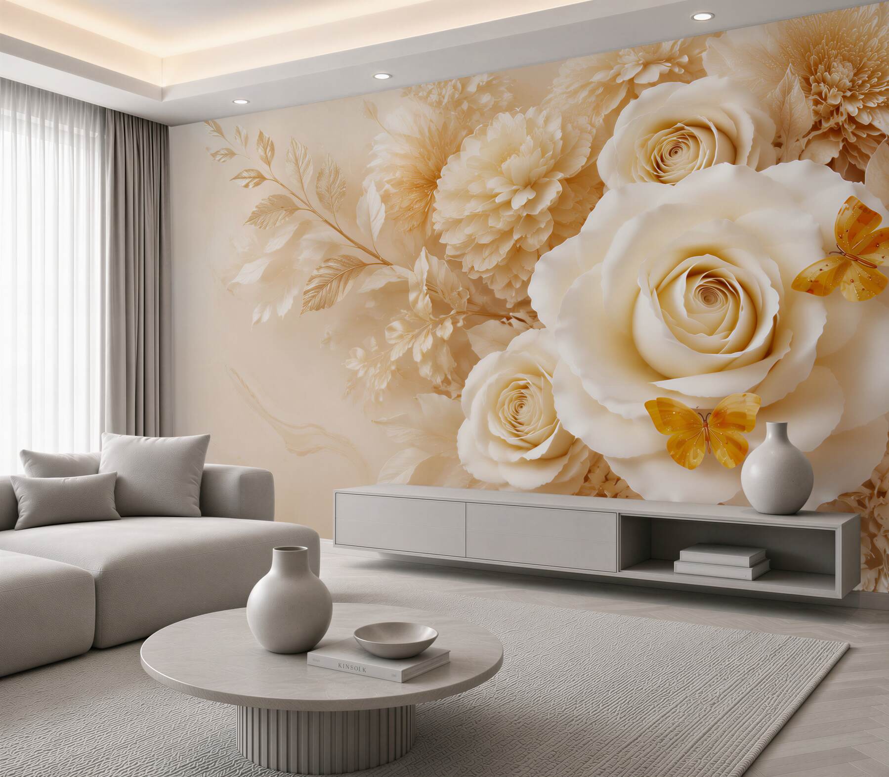 Fototapeta beżowe róże z motylami elegancka kwiatowa do sypialni i salonu?v23