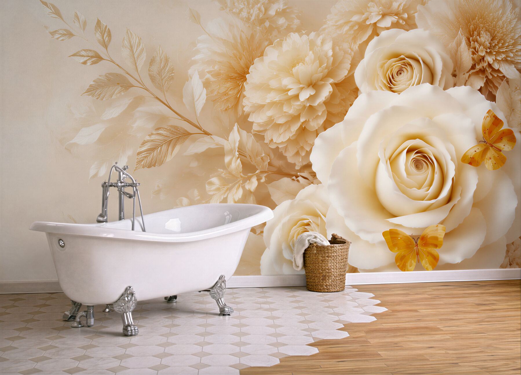 Fototapeta beżowe róże z motylami elegancka kwiatowa do sypialni i salonu?v23