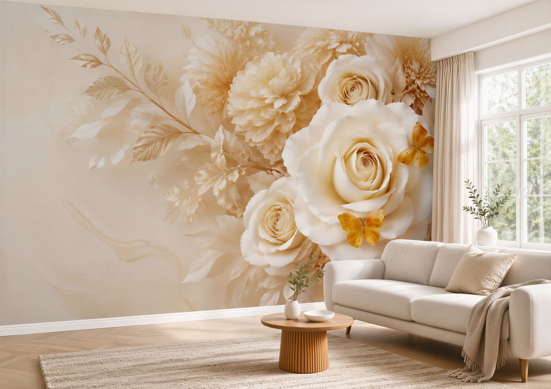 Fototapeta beżowe róże z motylami elegancka kwiatowa do sypialni i salonu?v23