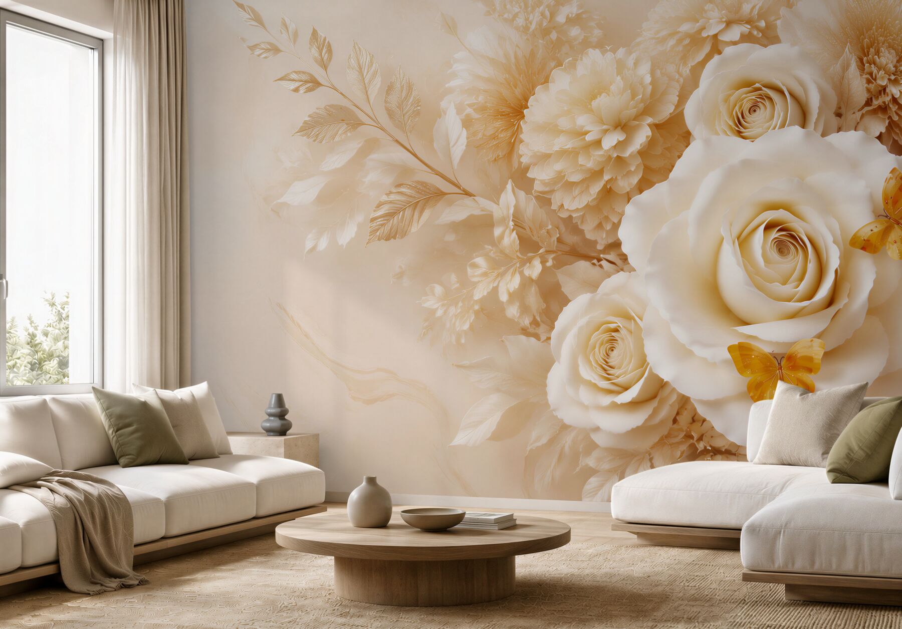 Fototapeta beżowe róże z motylami elegancka kwiatowa do sypialni i salonu?v23