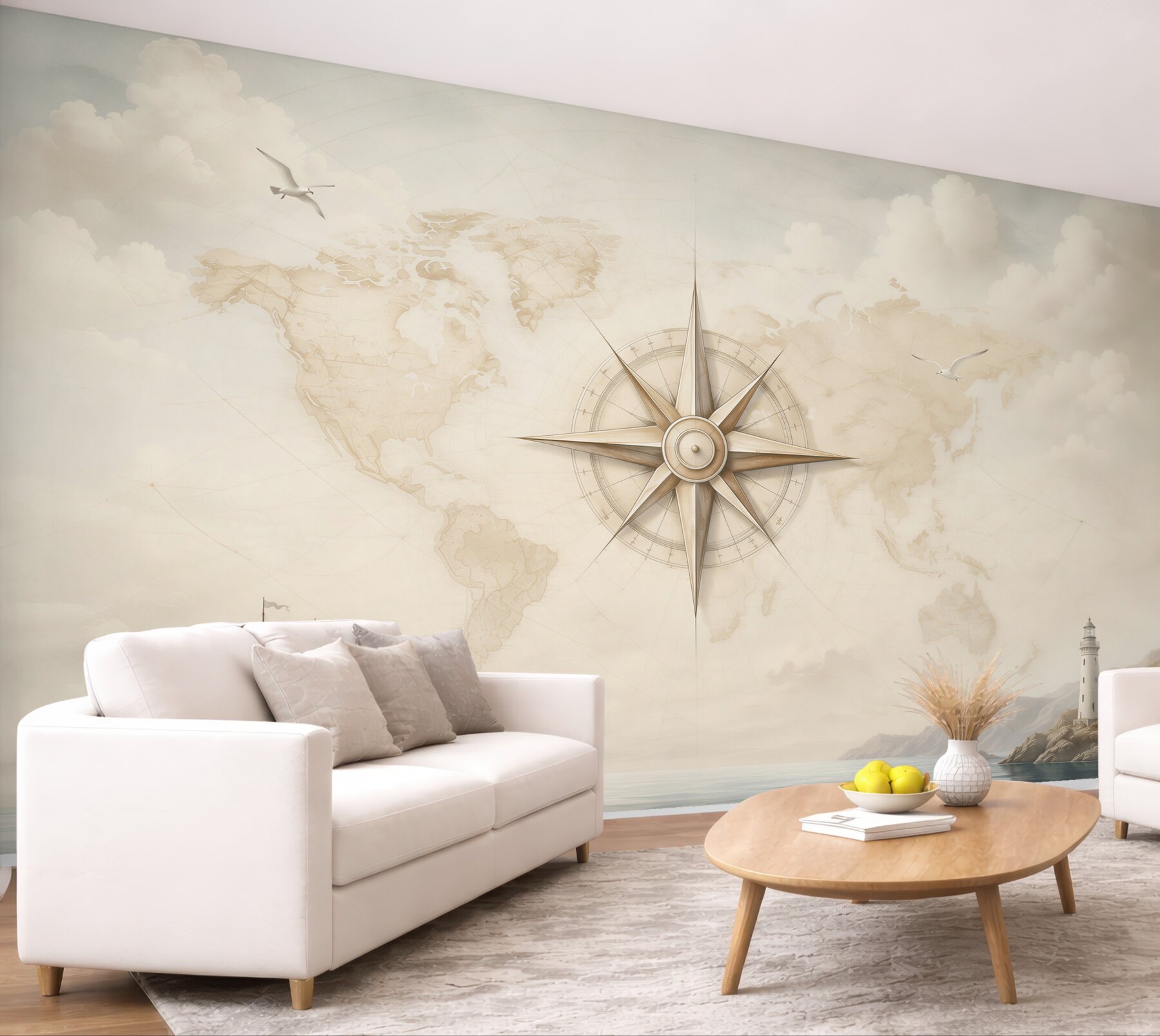 Fototapeta mapa świata z różą wiatrów statkiem i latarnią w beżach?v23