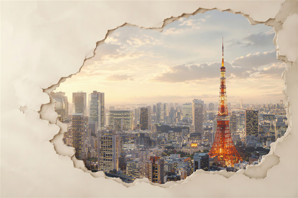Fototapeta panorama Tokio z wieżą o efekcie pękającej ściany