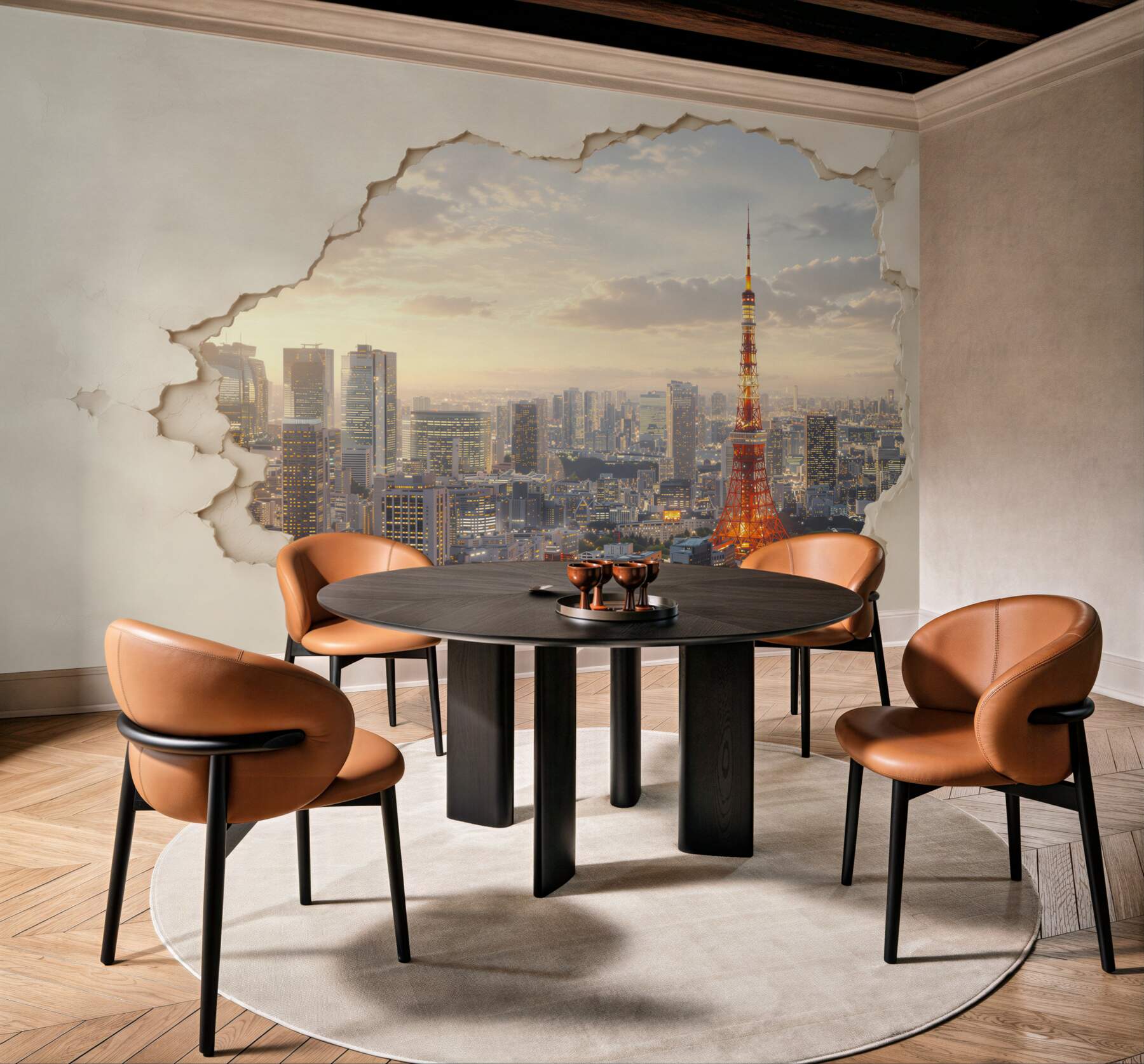 Fototapeta panorama Tokio z wieżą o efekcie pękającej ściany?v23