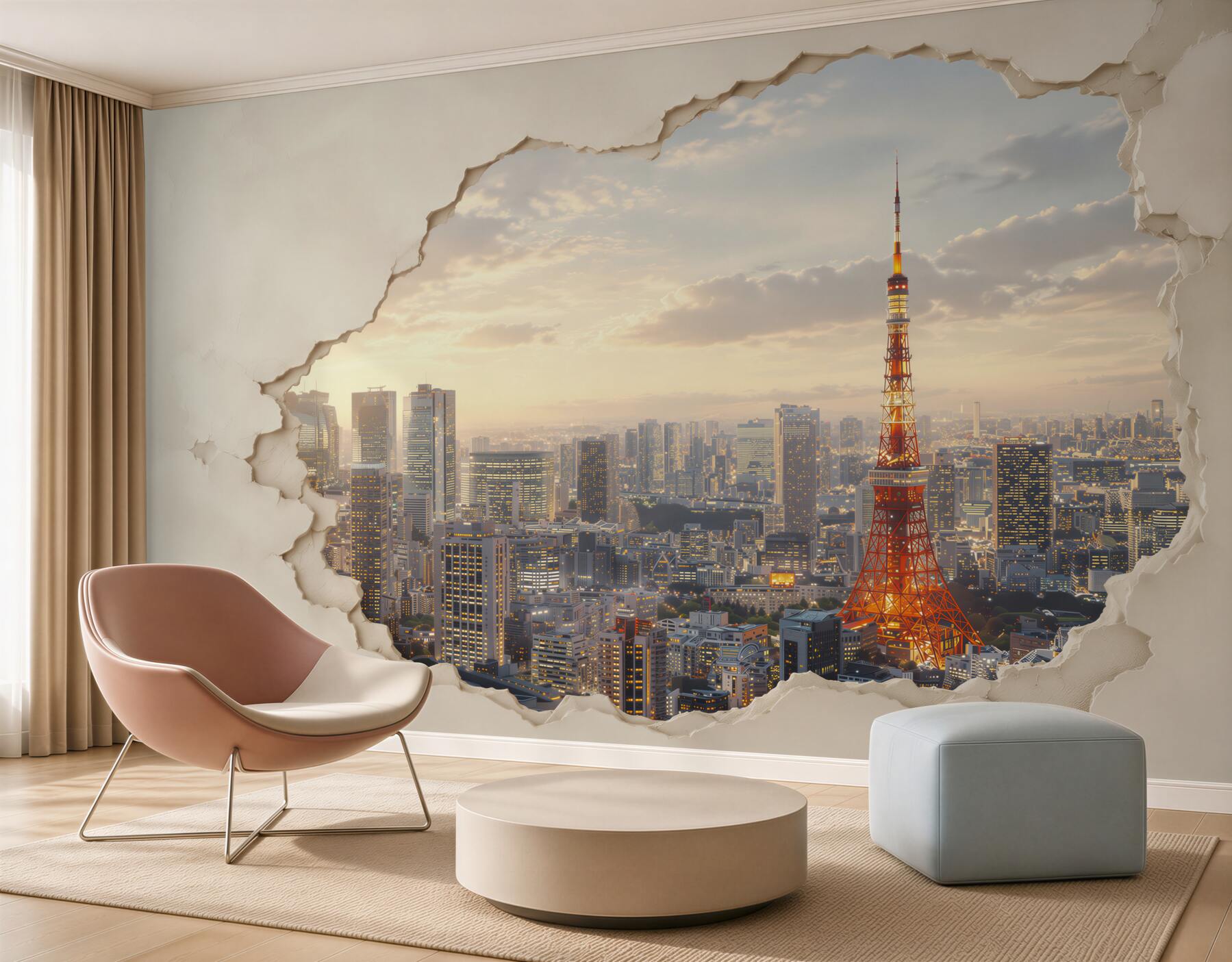 Fototapeta panorama Tokio z wieżą o efekcie pękającej ściany?v23