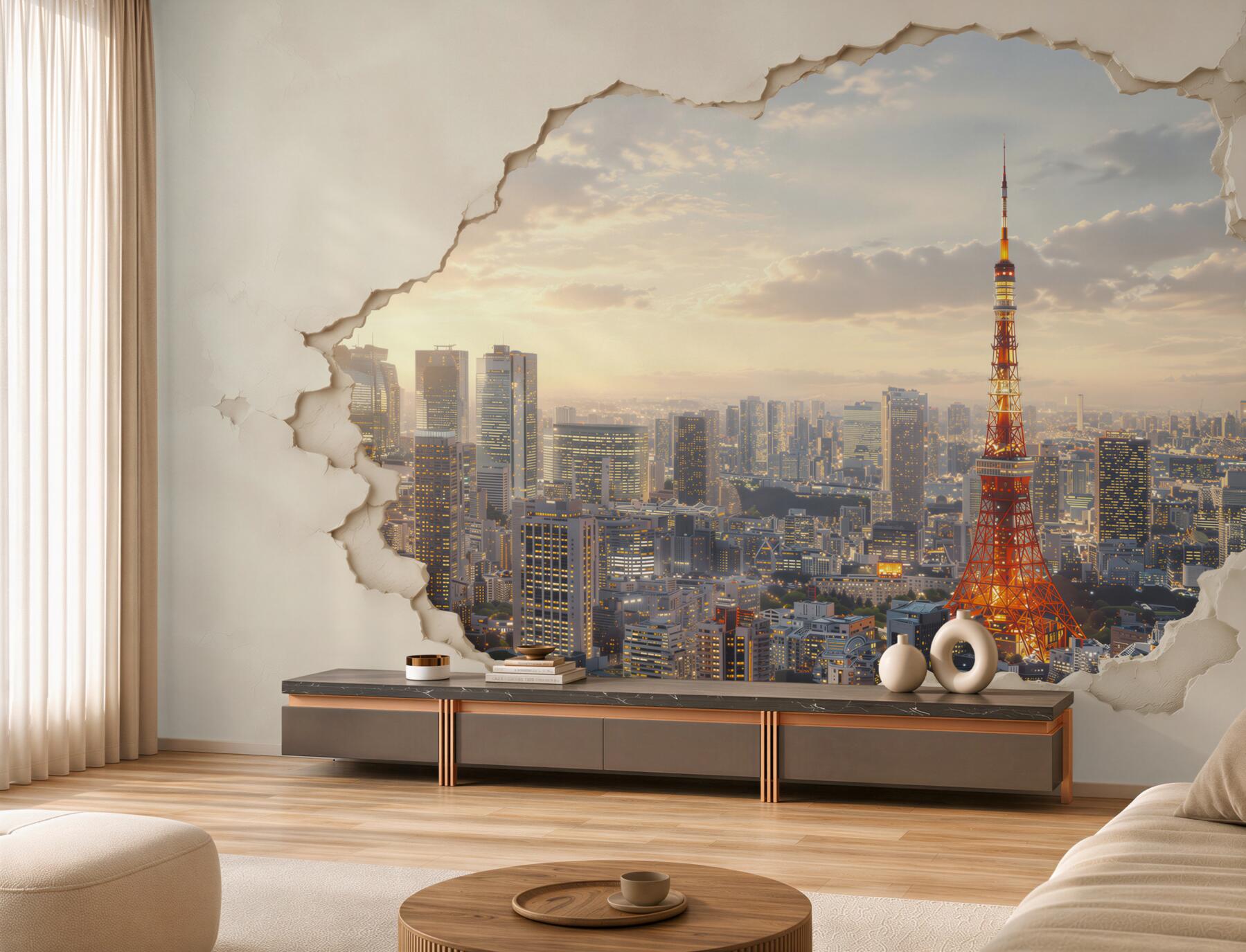 Fototapeta panorama Tokio z wieżą o efekcie pękającej ściany