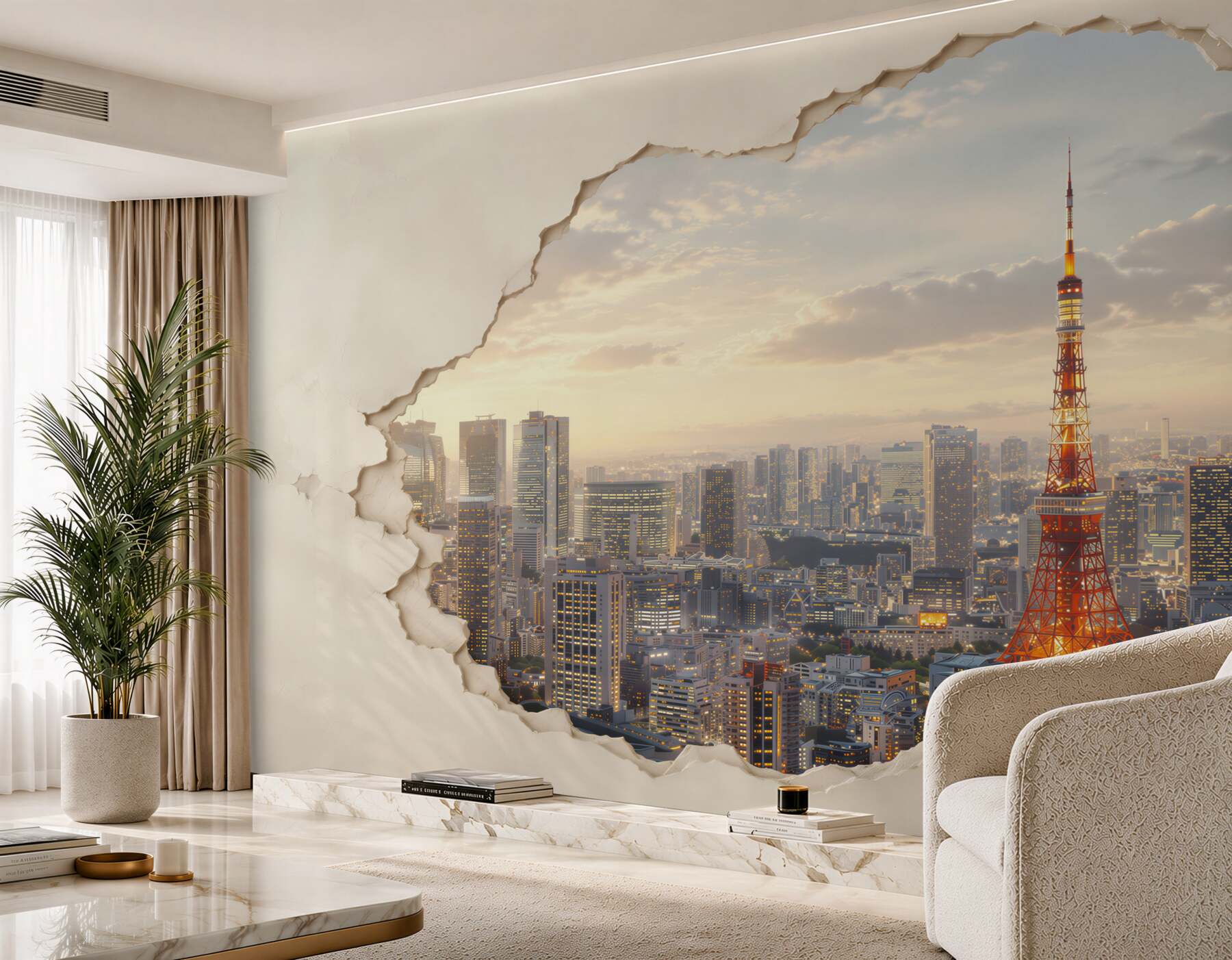 Fototapeta panorama Tokio z wieżą o efekcie pękającej ściany?v23