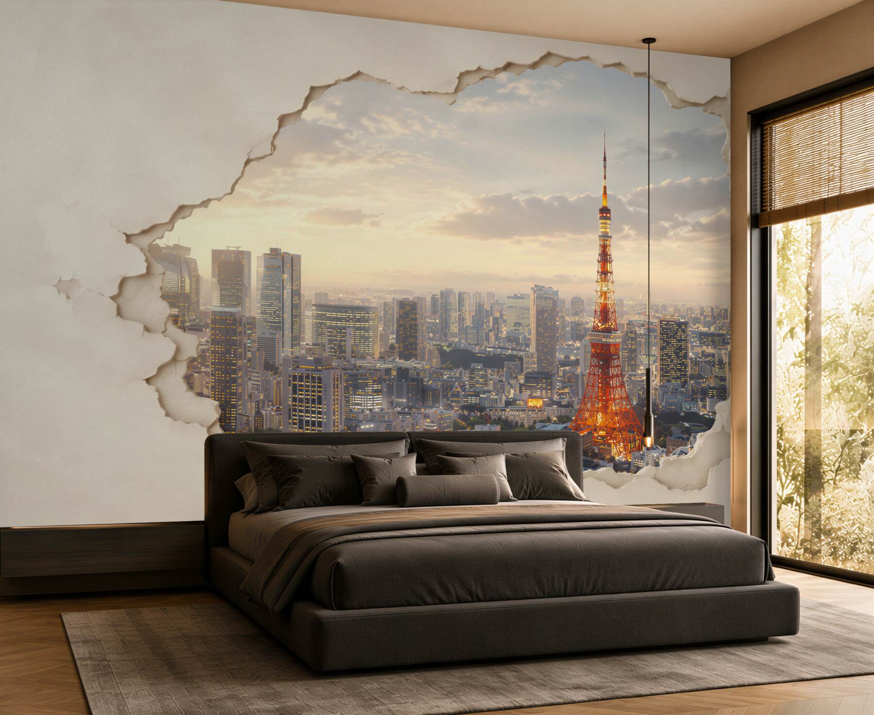 Fototapeta panorama Tokio z wieżą o efekcie pękającej ściany?v23