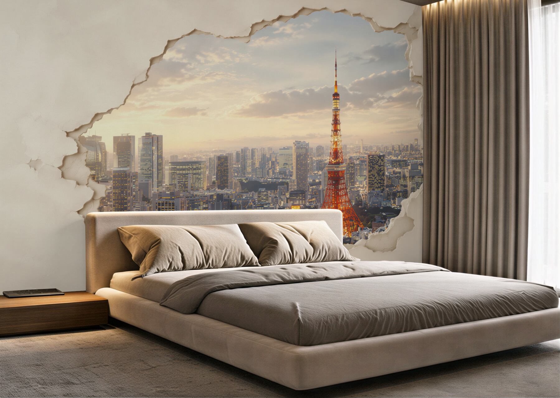 Fototapeta panorama Tokio z wieżą o efekcie pękającej ściany?v23