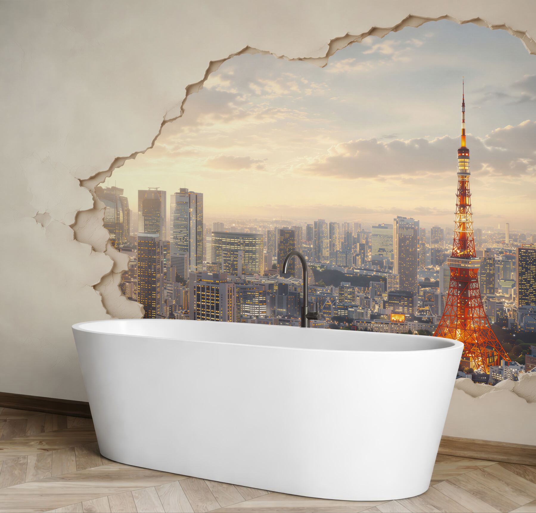 Fototapeta panorama Tokio z wieżą o efekcie pękającej ściany?v23