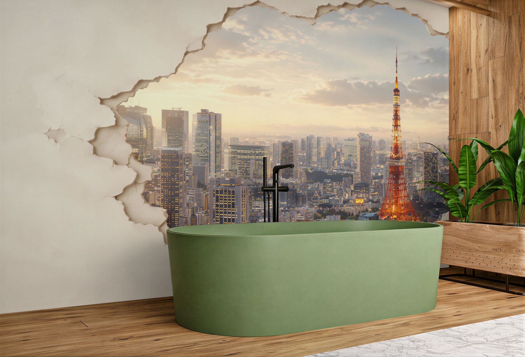 Fototapeta panorama Tokio z wieżą o efekcie pękającej ściany?v23
