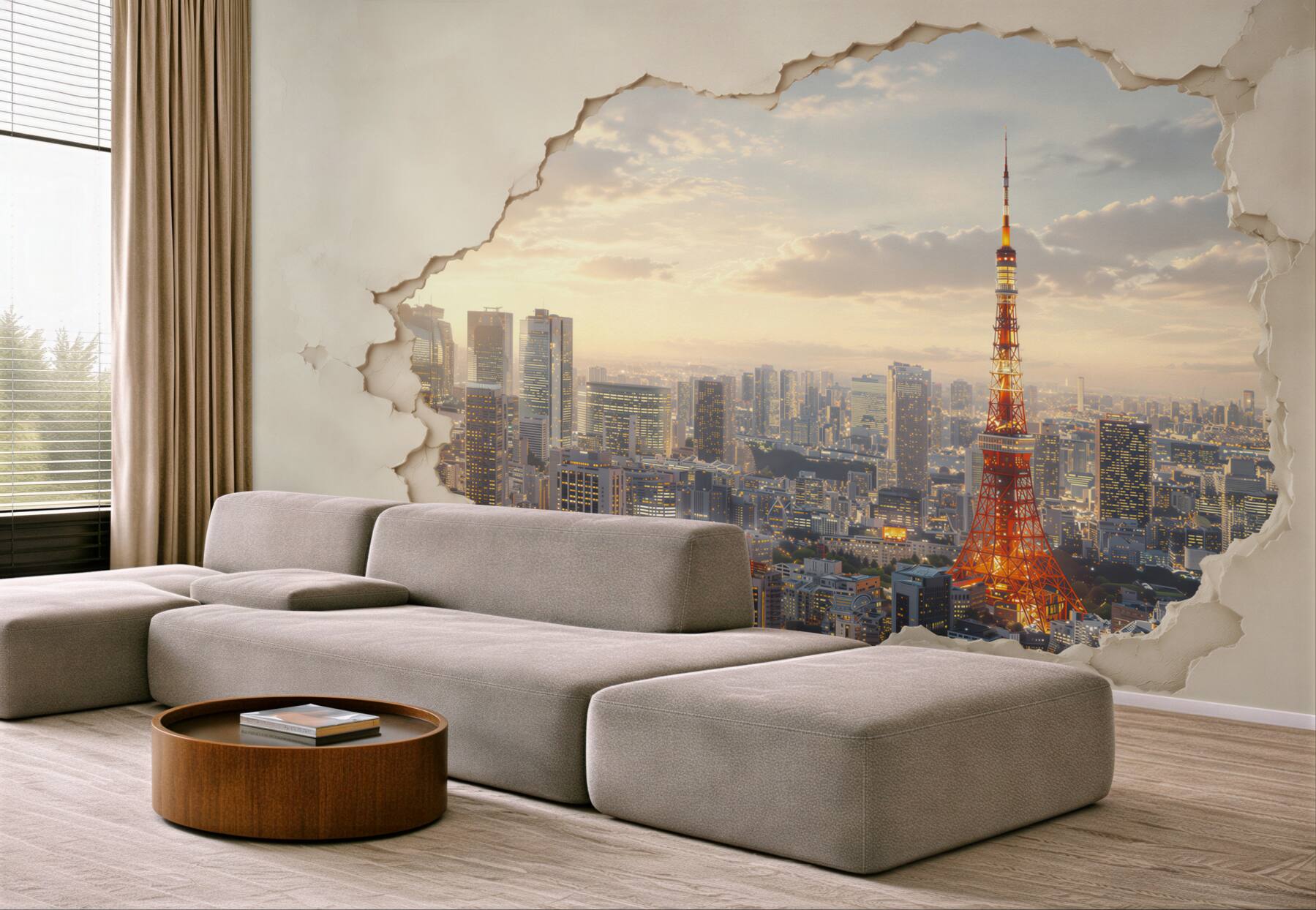 Fototapeta panorama Tokio z wieżą o efekcie pękającej ściany?v23