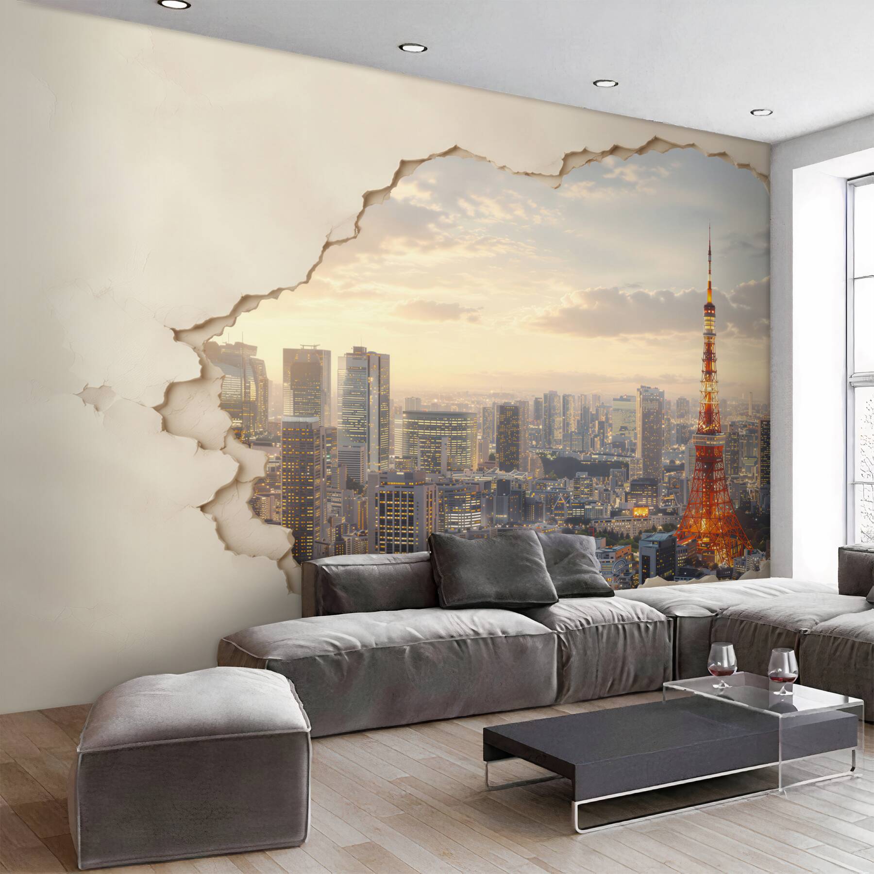Fototapeta panorama Tokio z wieżą o efekcie pękającej ściany?v23