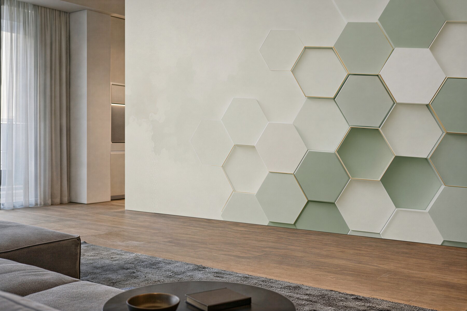 Fototapeta heksagony 3D biało zielone nowoczesna geometryczna?v23