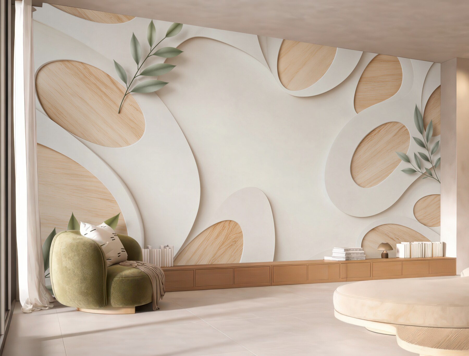 Fototapeta abstrakcyjne beżowe formy 3D z liśćmi do nowoczesnego wnętrza?v23