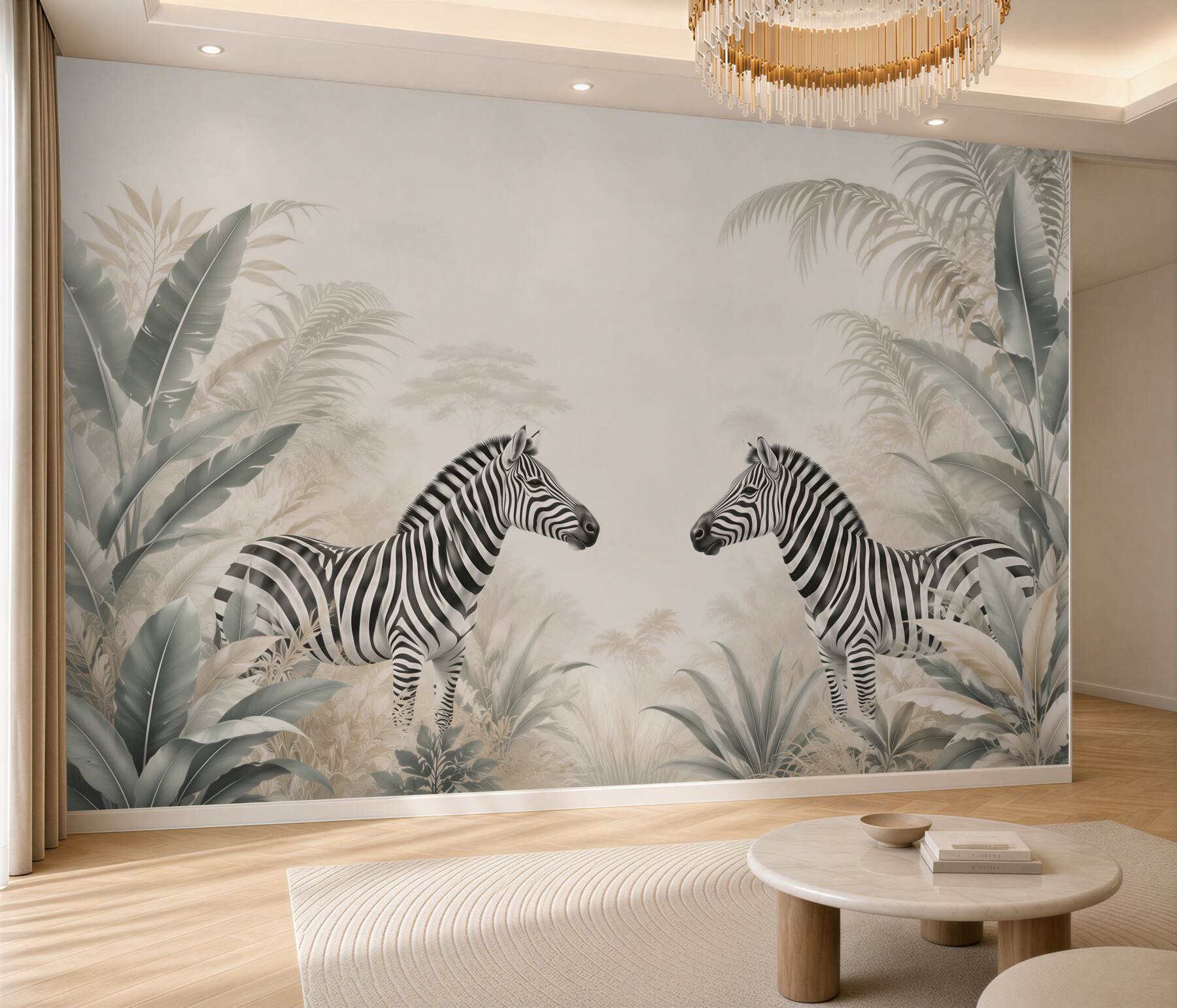 Fototapeta zebry w tropikalnych liściach beżowo szara safari?v23