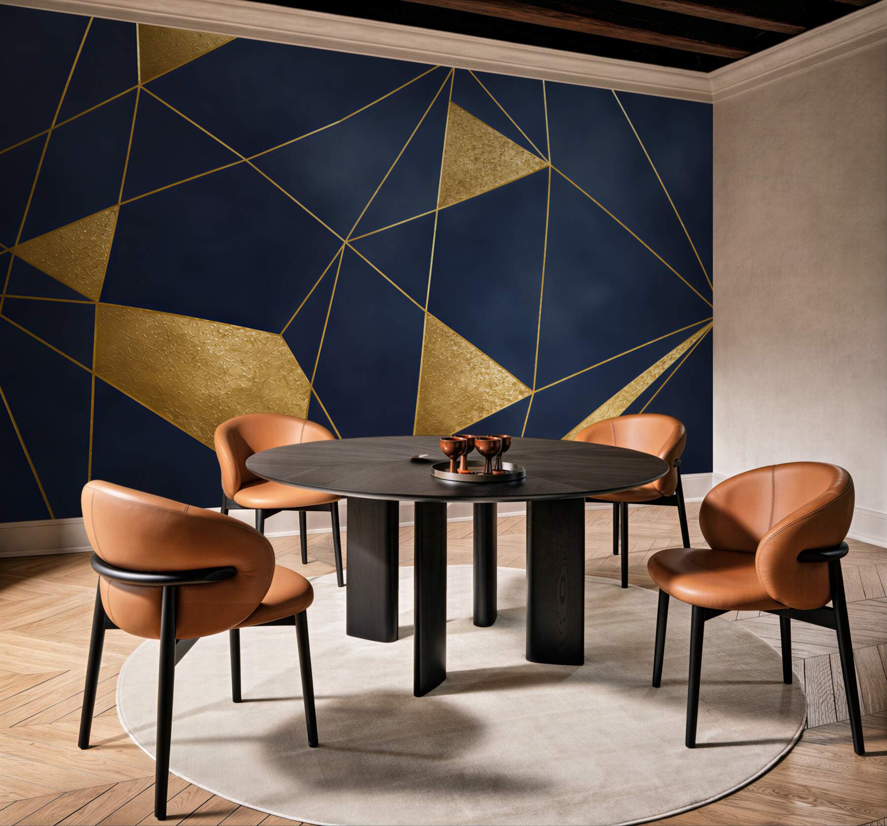 Fototapeta granatowa geometria ze złotymi liniami nowoczesna glamour?v23