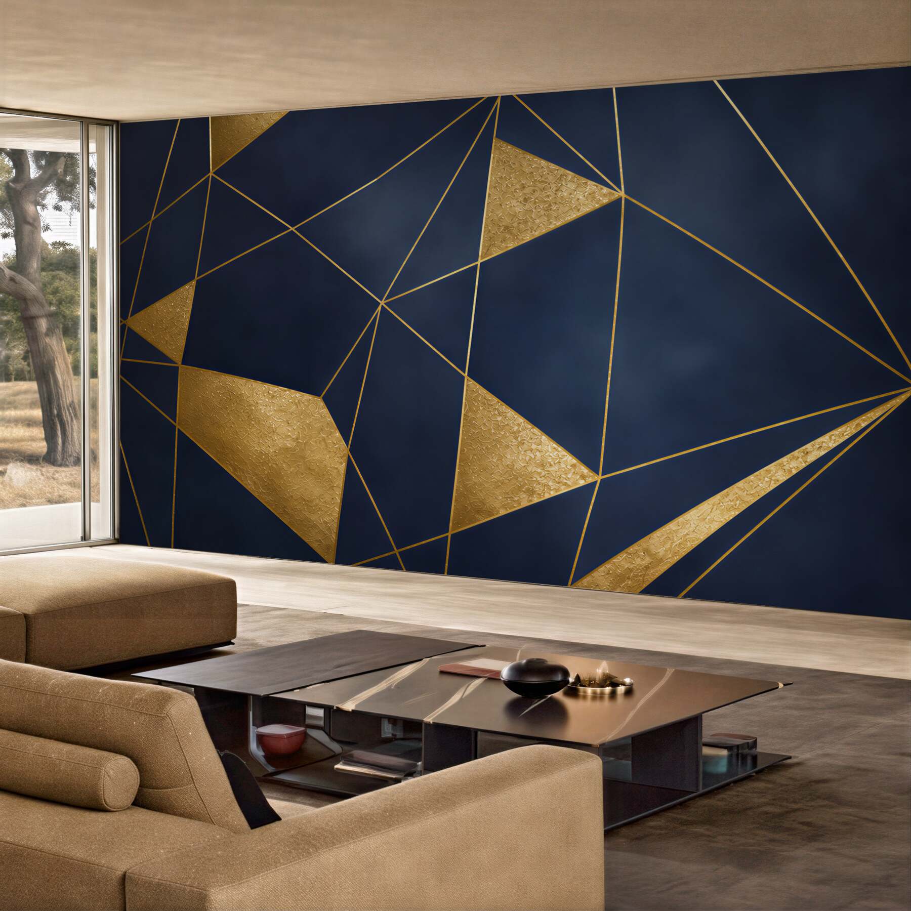Fototapeta granatowa geometria ze złotymi liniami nowoczesna glamour?v23