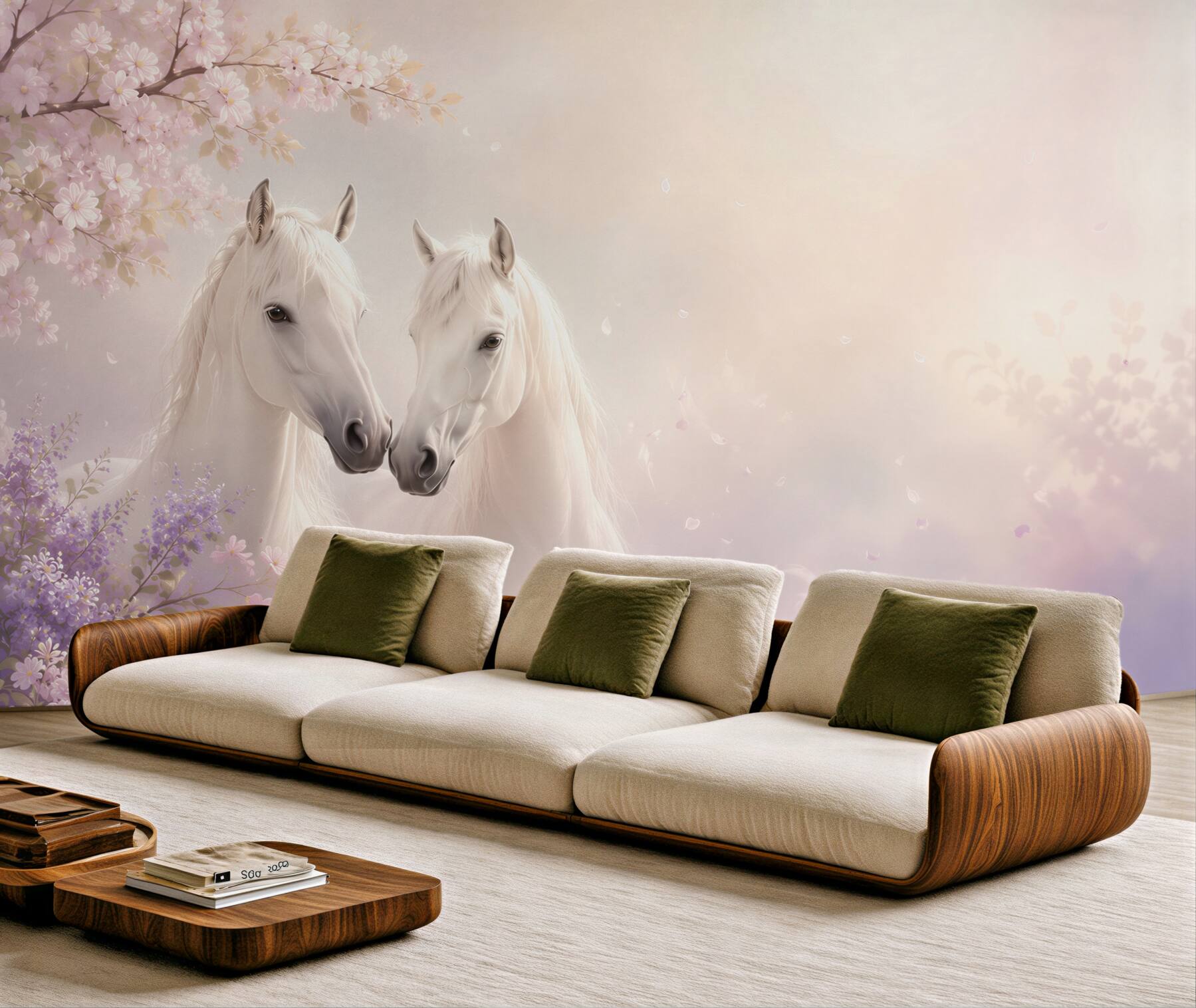 Fototapeta białe konie w pastelowych kwiatach romantyczna do sypialni?v23