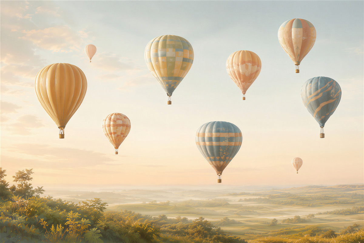 Fototapeta balony na gorące powietrze nad pastelowym krajobrazem