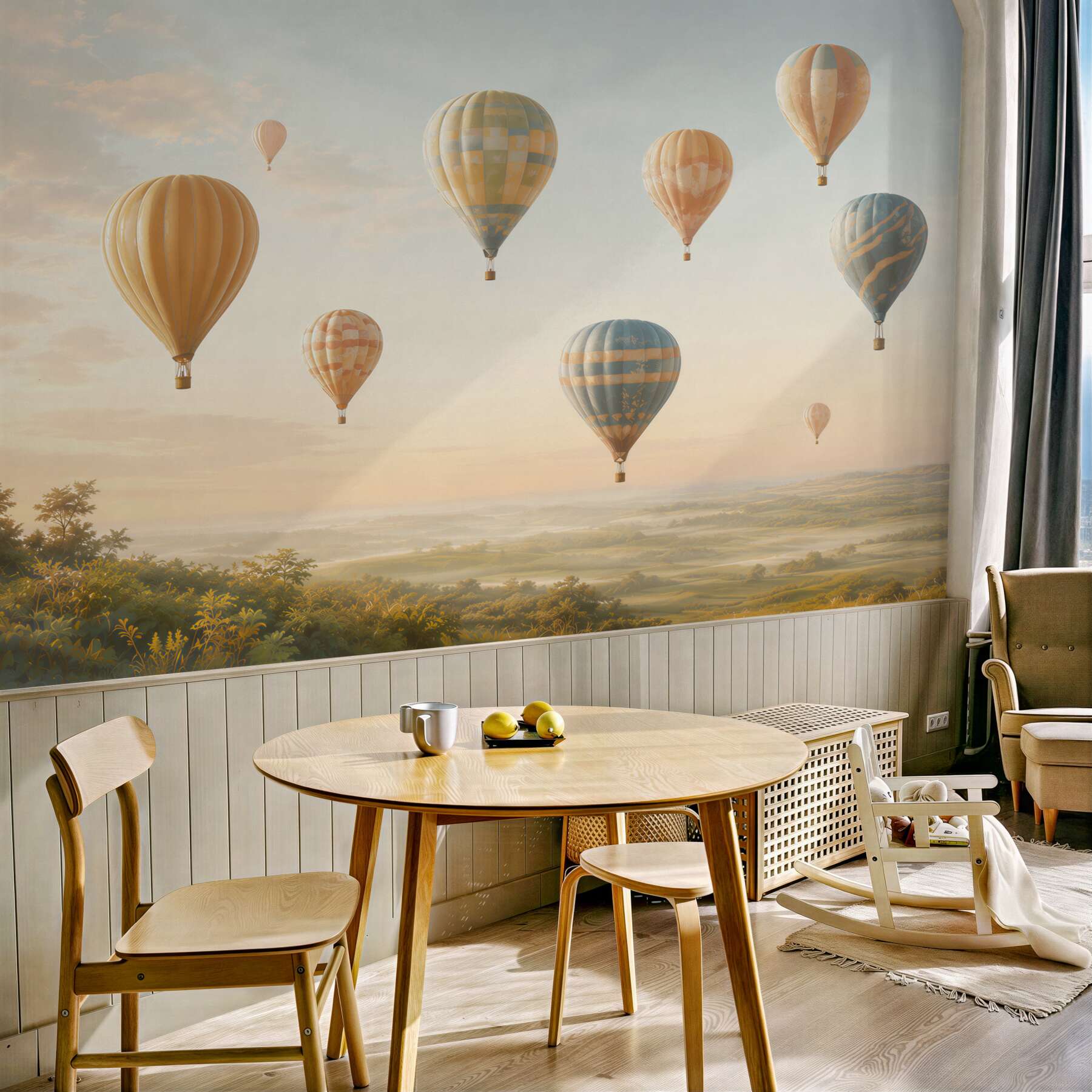 Fototapeta balony na gorące powietrze nad pastelowym krajobrazem?v23