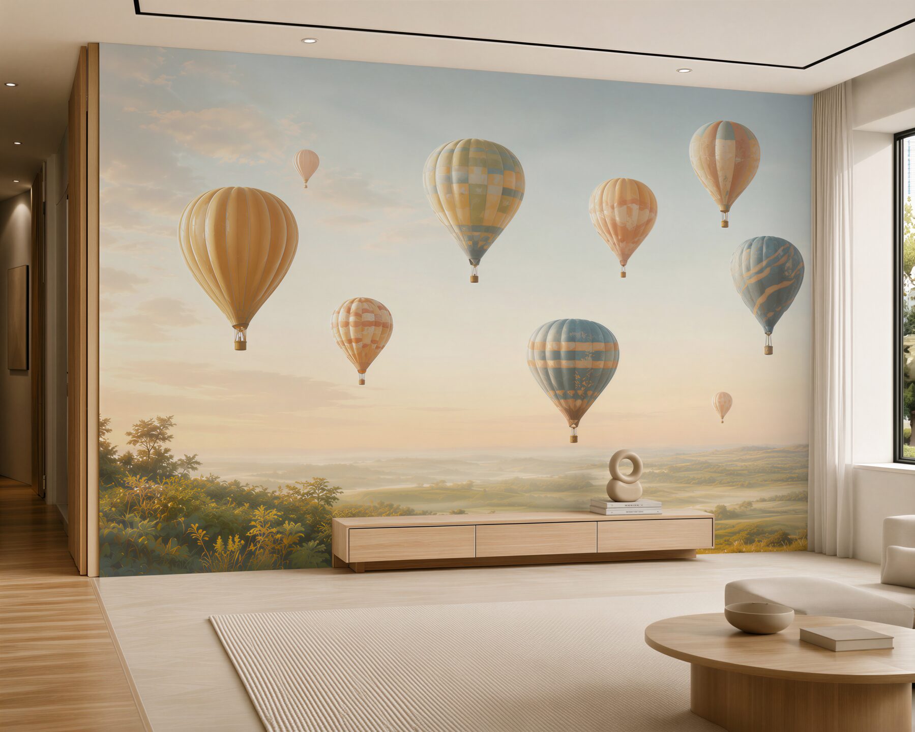 Fototapeta balony na gorące powietrze nad pastelowym krajobrazem