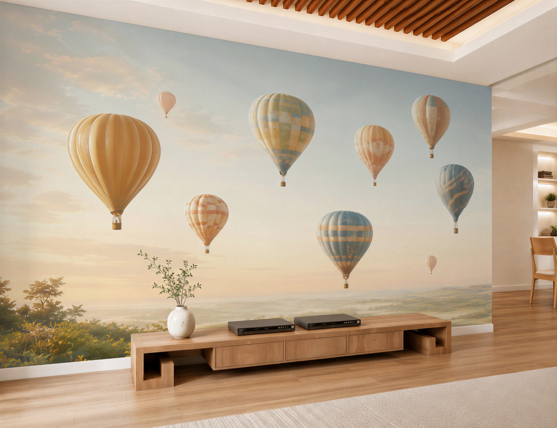 Fototapeta balony na gorące powietrze nad pastelowym krajobrazem?v23