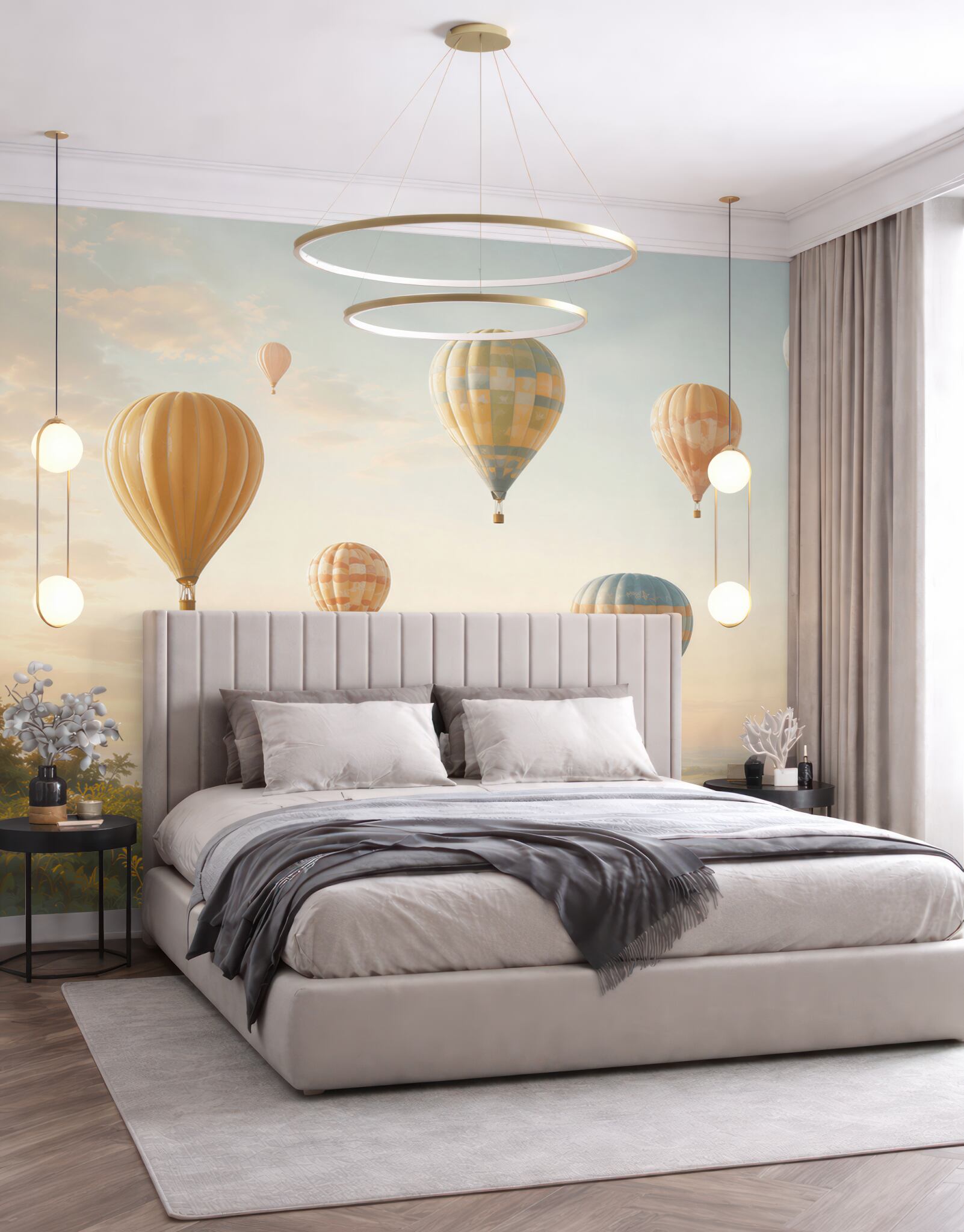 Fototapeta balony na gorące powietrze nad pastelowym krajobrazem?v23