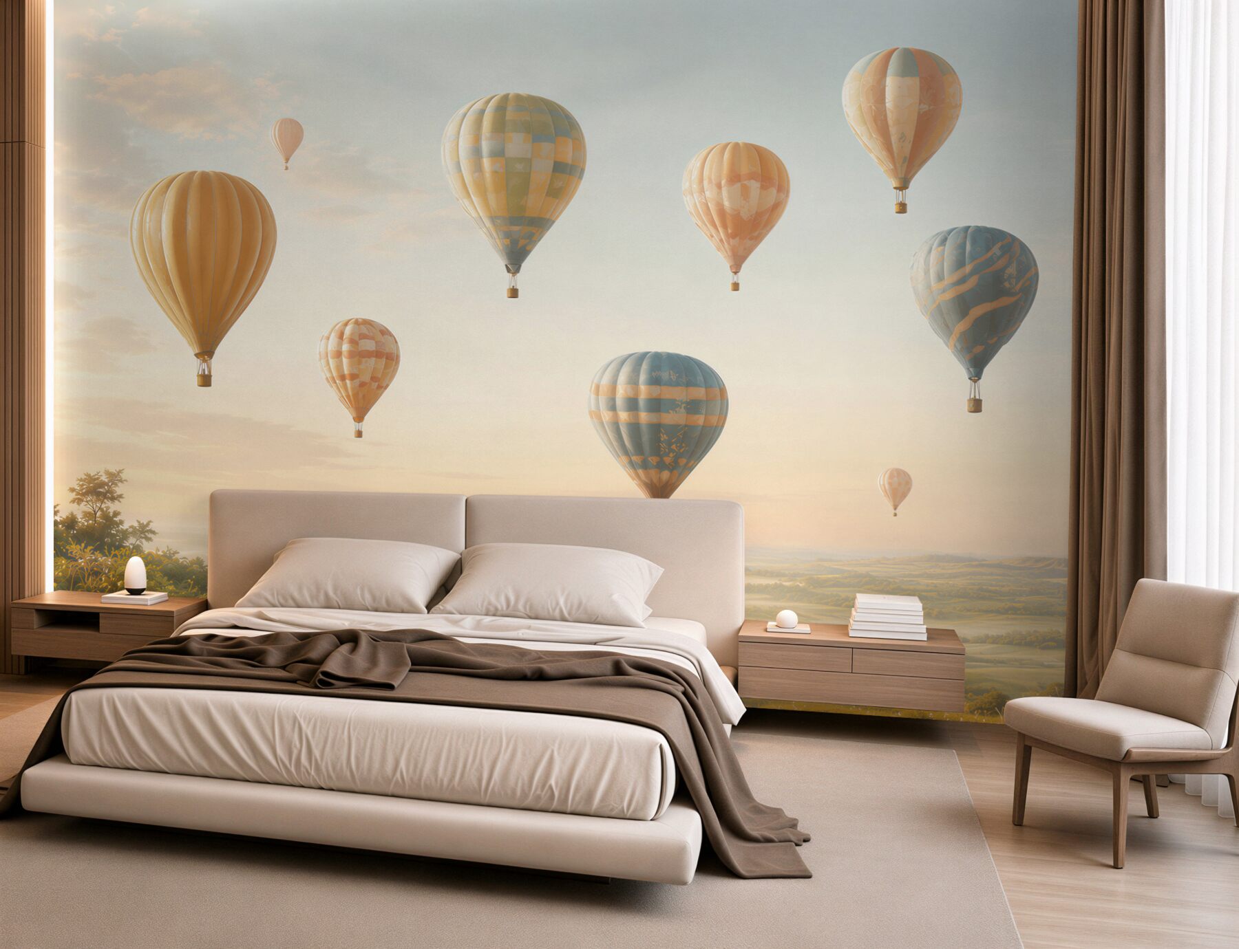 Fototapeta balony na gorące powietrze nad pastelowym krajobrazem?v23