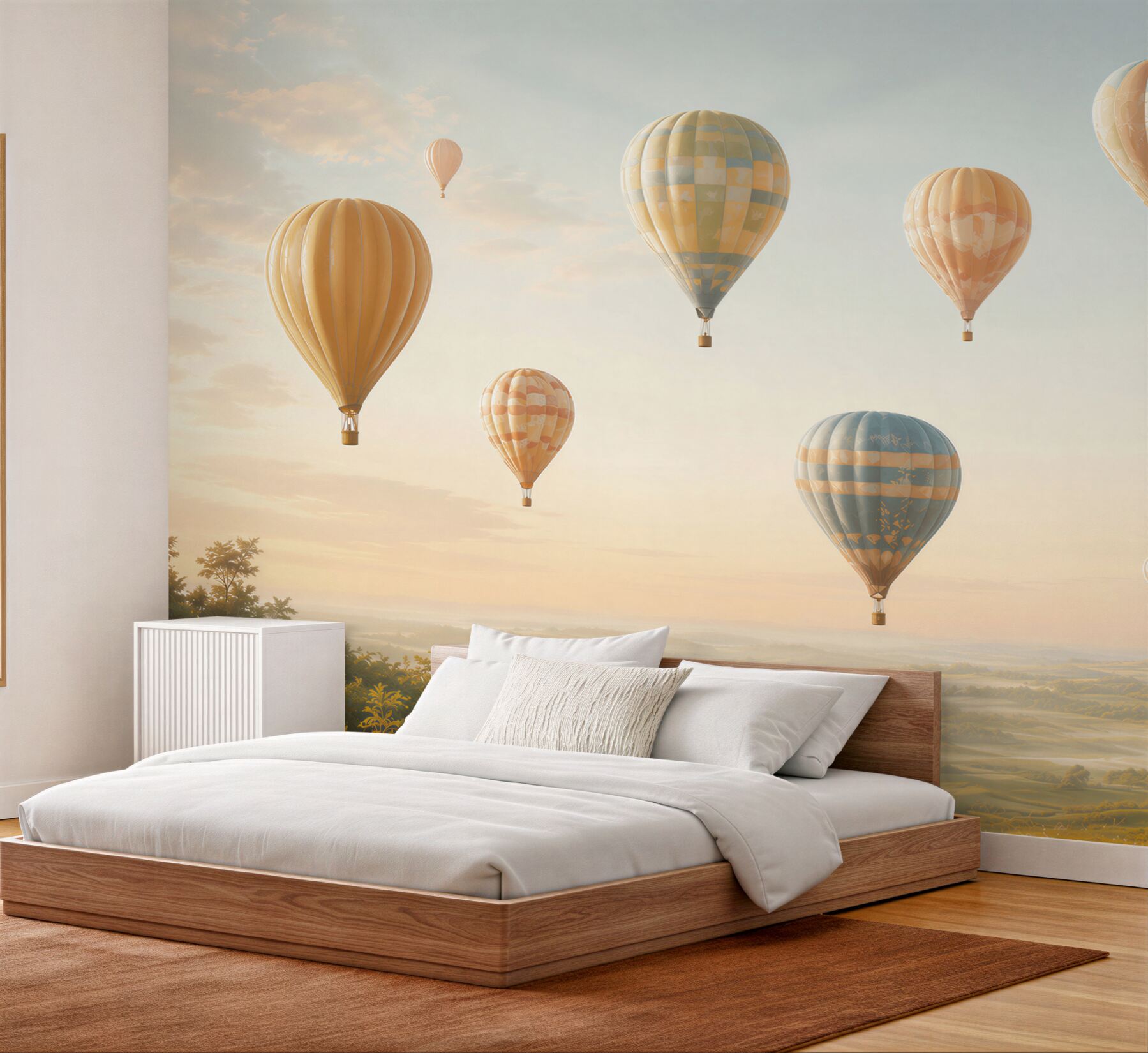 Fototapeta balony na gorące powietrze nad pastelowym krajobrazem?v23