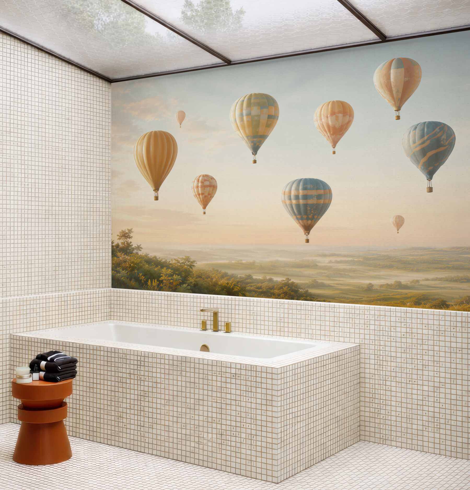 Fototapeta balony na gorące powietrze nad pastelowym krajobrazem?v23