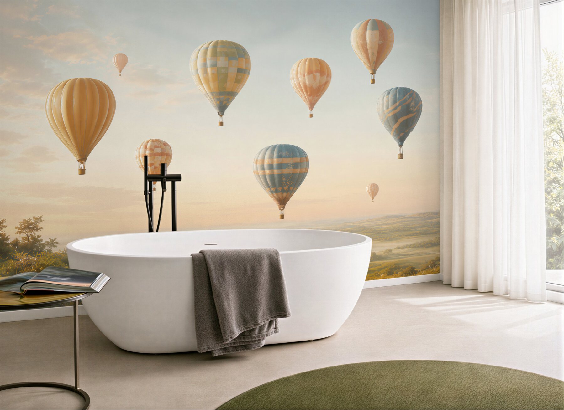 Fototapeta balony na gorące powietrze nad pastelowym krajobrazem?v23