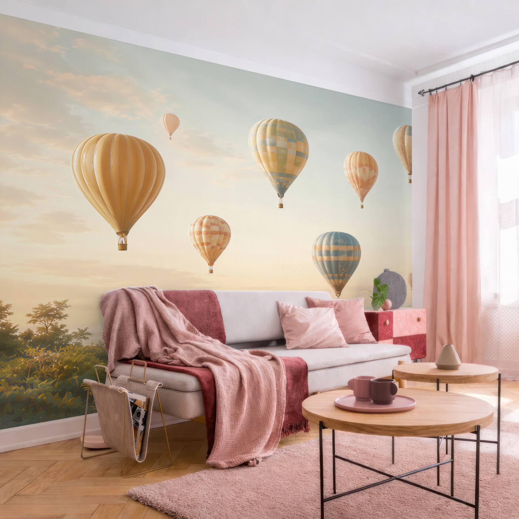 Fototapeta balony na gorące powietrze nad pastelowym krajobrazem?v23