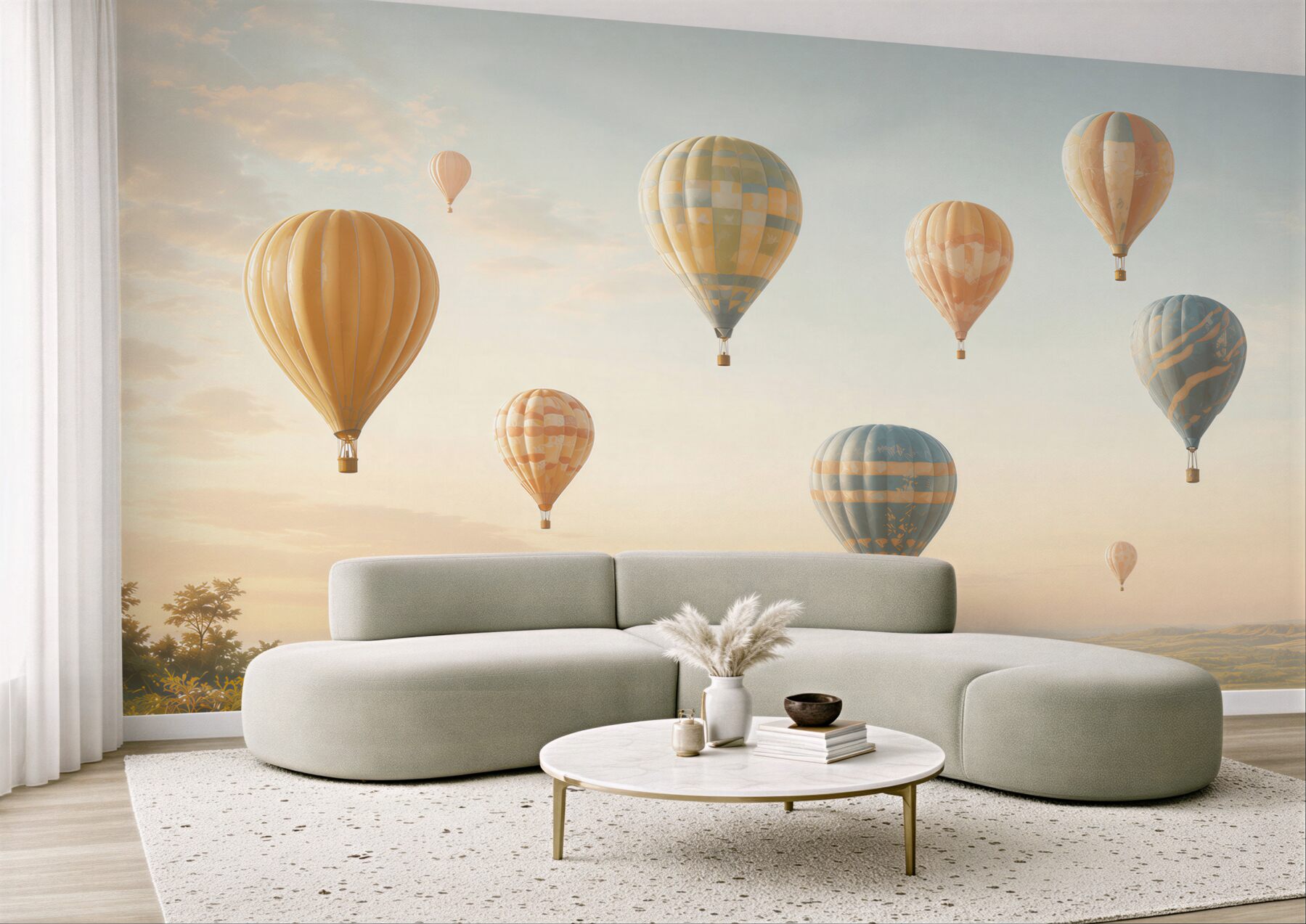 Fototapeta balony na gorące powietrze nad pastelowym krajobrazem?v23