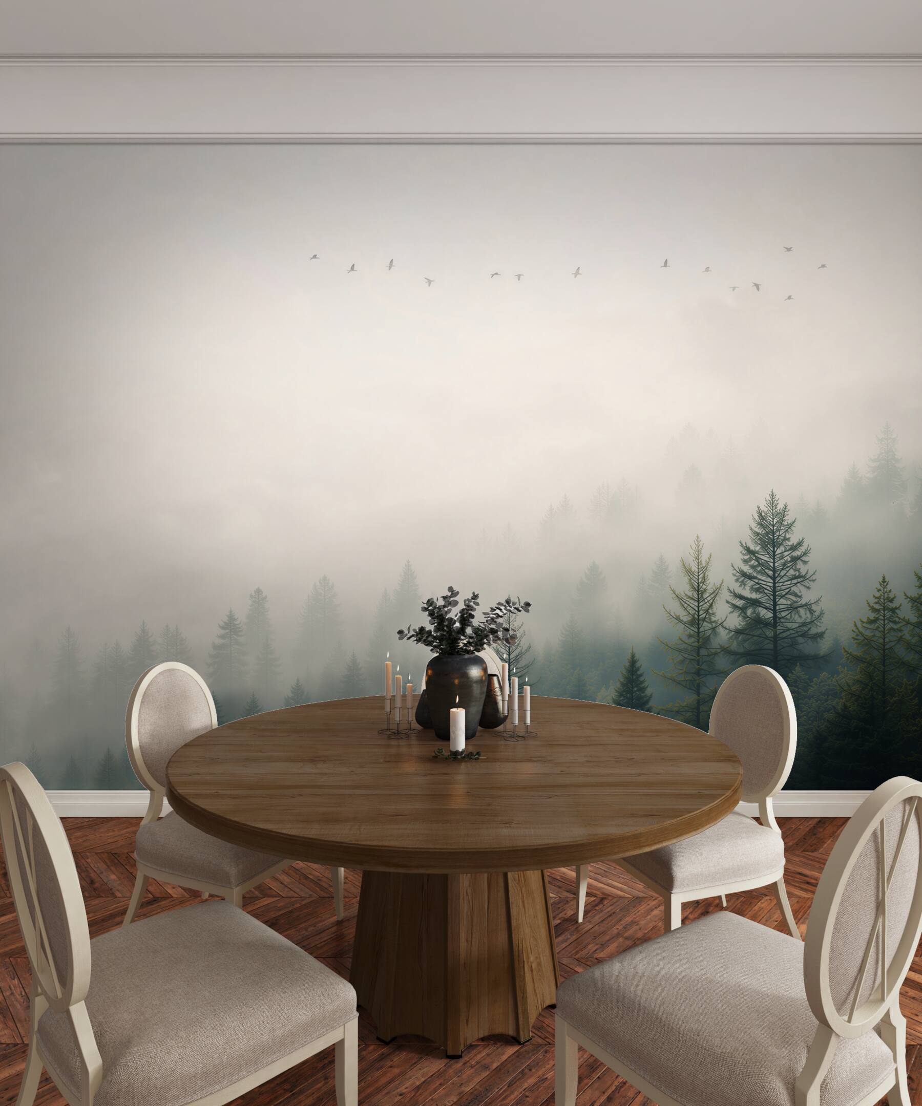 Fototapeta mglisty las iglasty z ptakami w spokojnym naturalnym stylu?v23
