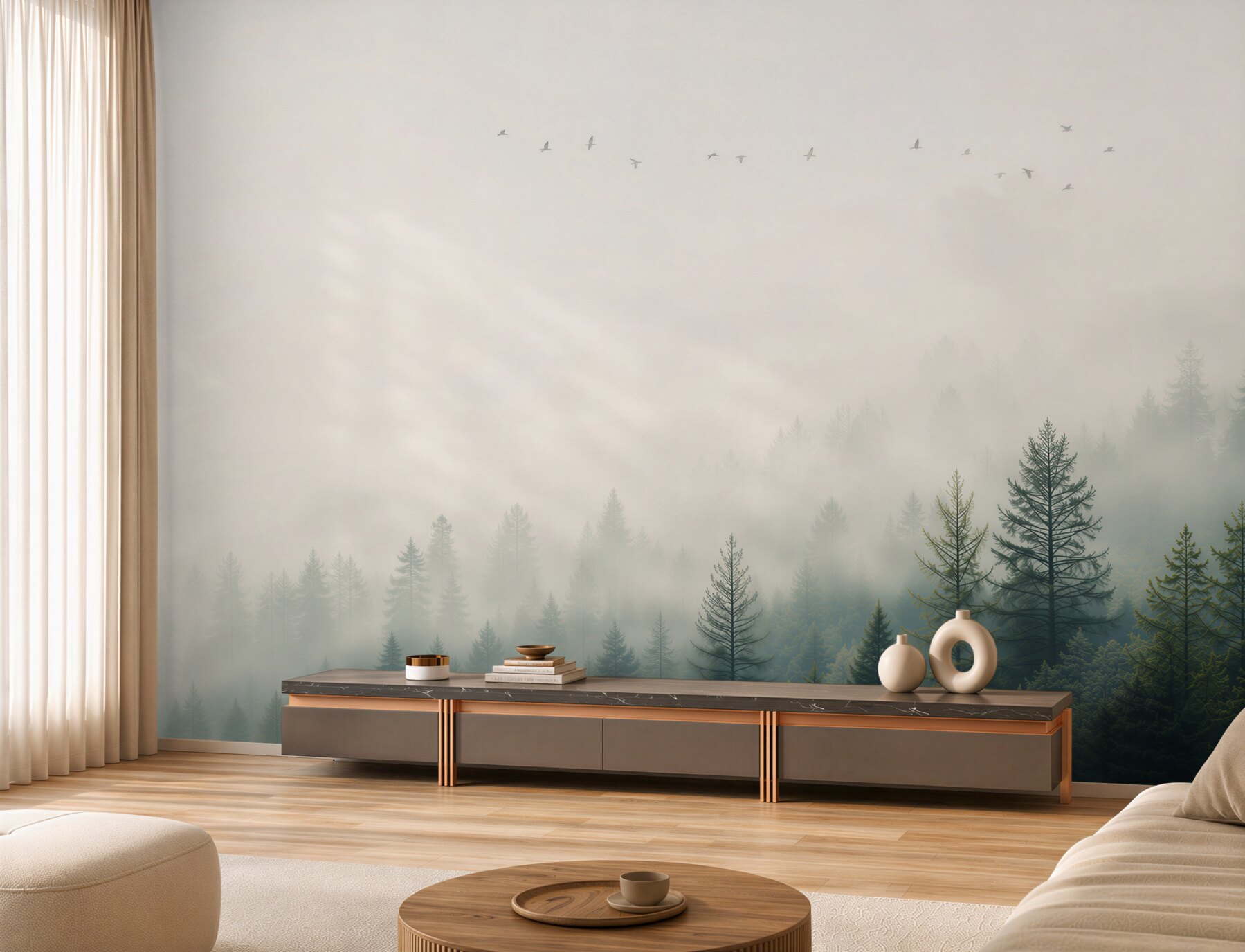 Fototapeta mglisty las iglasty z ptakami w spokojnym naturalnym stylu?v23
