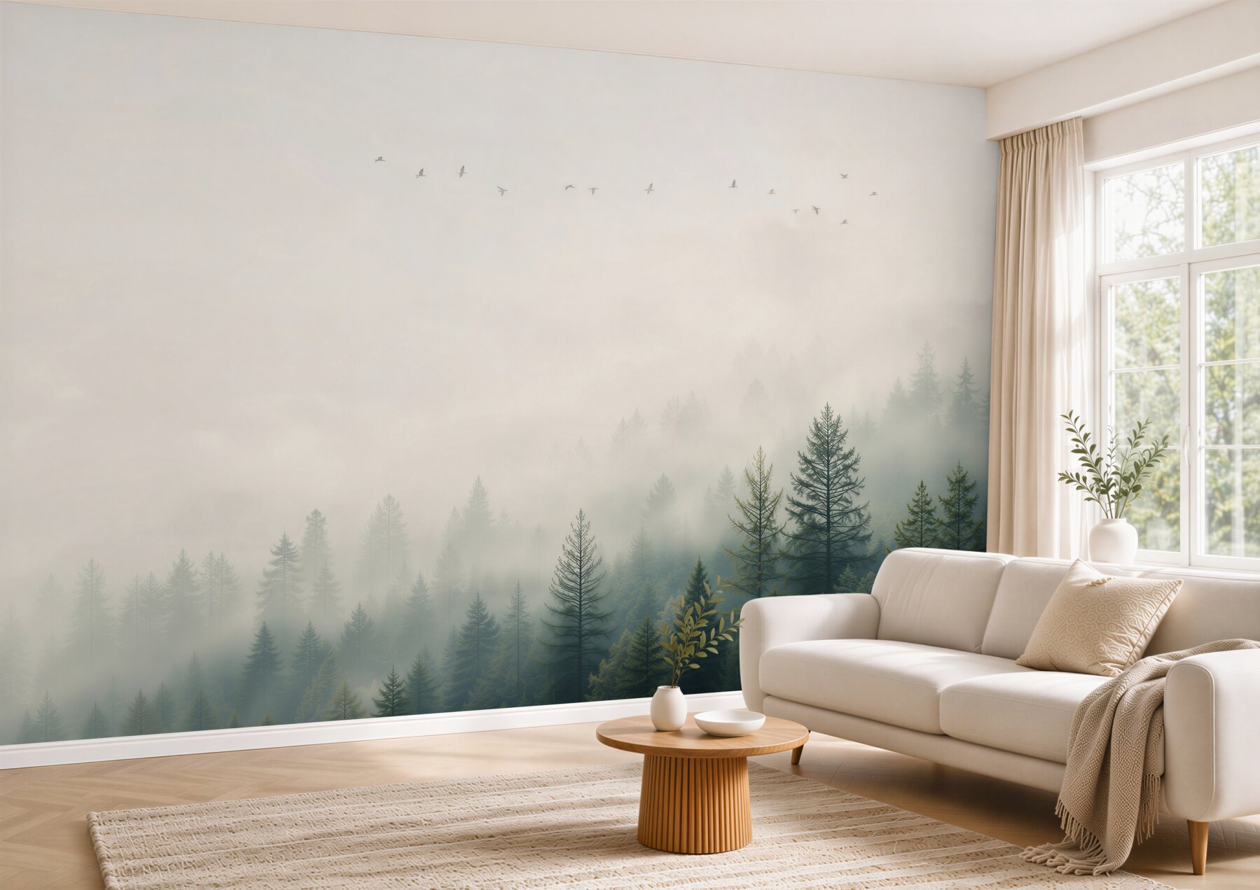 Fototapeta mglisty las iglasty z ptakami w spokojnym naturalnym stylu?v23