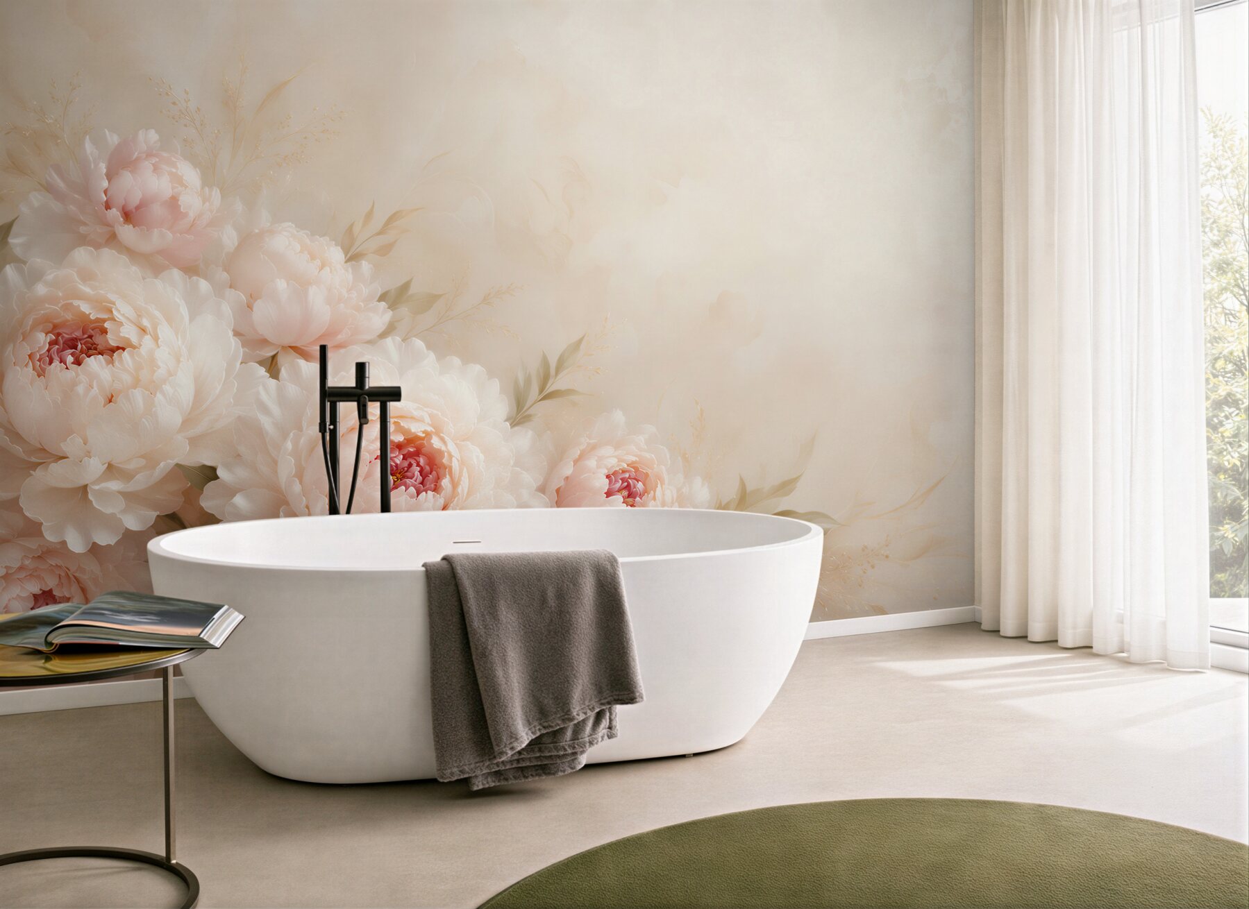 Fototapeta piwonie kremowo różowe eleganckie kwiaty do sypialni?v23