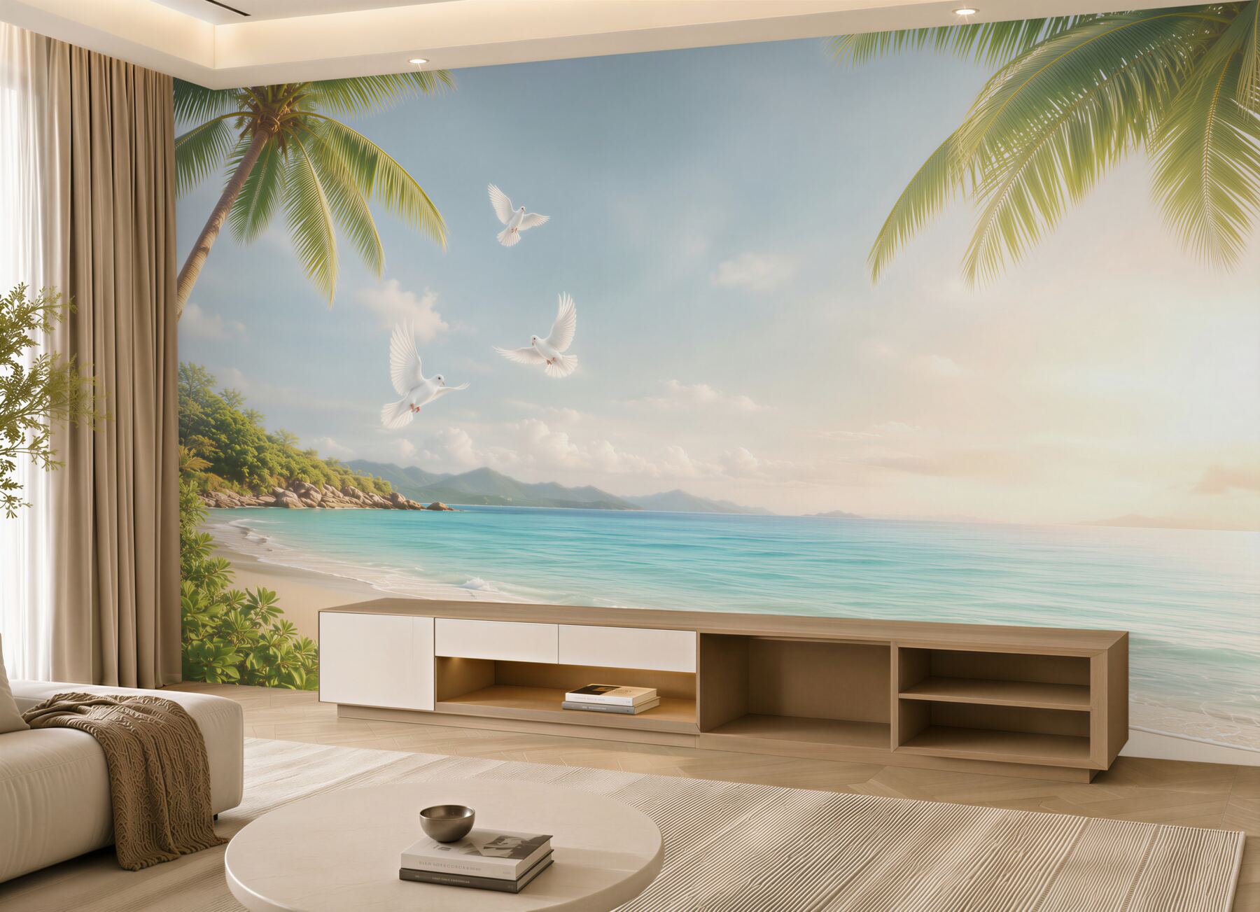 Fototapeta tropikalna plaża z palmami i białymi gołębiami o wschodzie słońca?v23