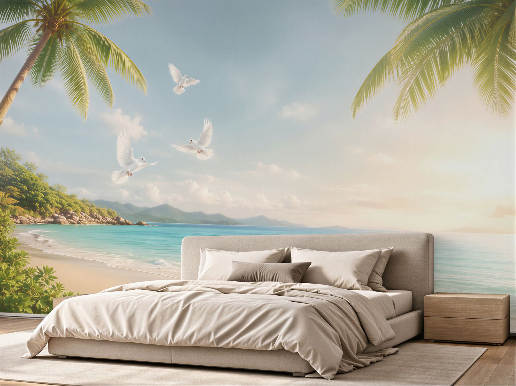 Fototapeta tropikalna plaża z palmami i białymi gołębiami o wschodzie słońca?v23