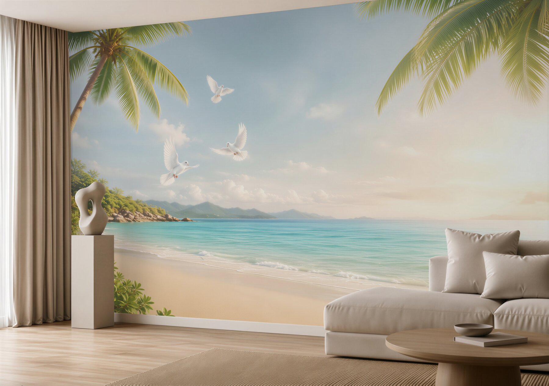 Fototapeta tropikalna plaża z palmami i białymi gołębiami o wschodzie słońca?v23