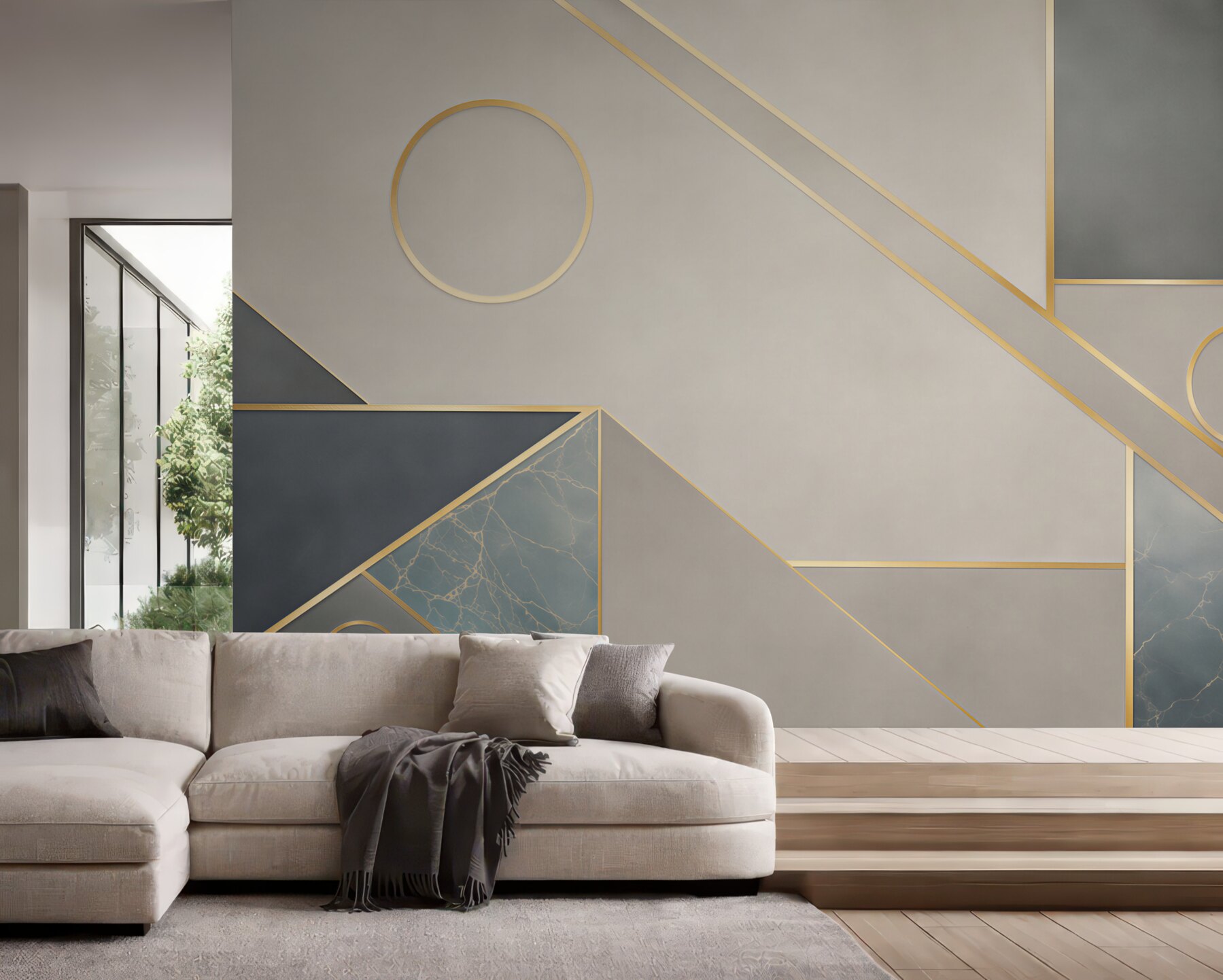 Fototapeta geometryczna beżowo szara ze złotymi liniami i marmurem?v23