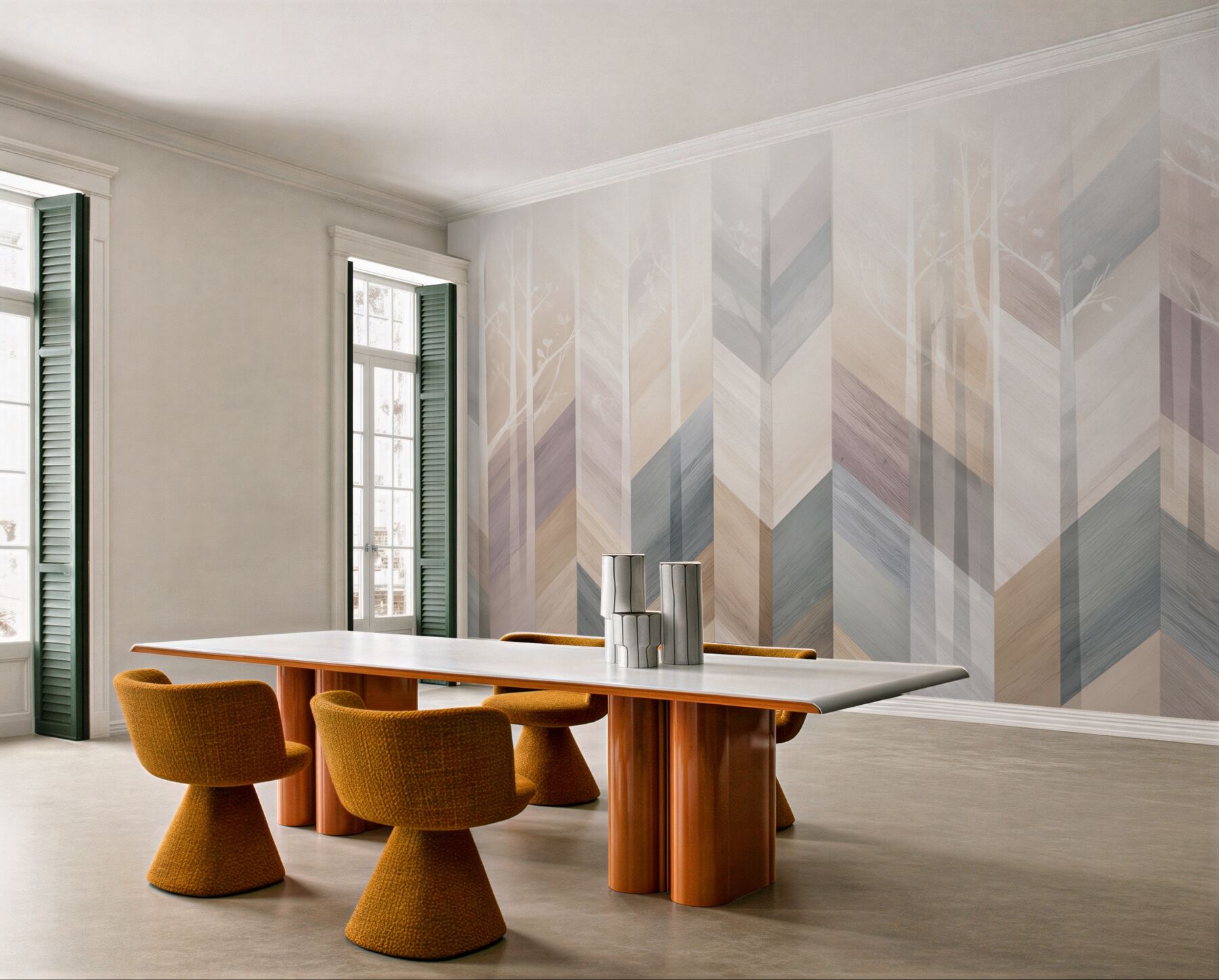 Fototapeta geometryczny las pastelowy z drzewami skandynawska abstrakcja?v23