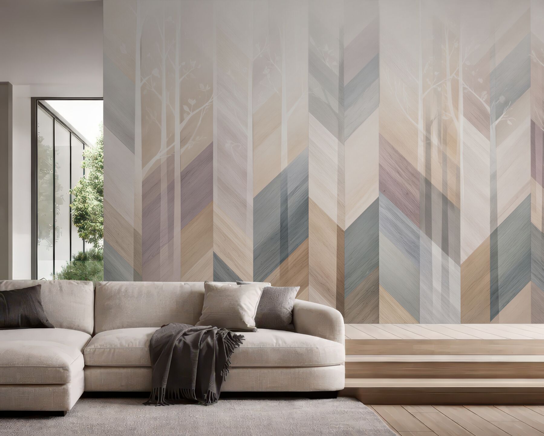 Fototapeta geometryczny las pastelowy z drzewami skandynawska abstrakcja?v23