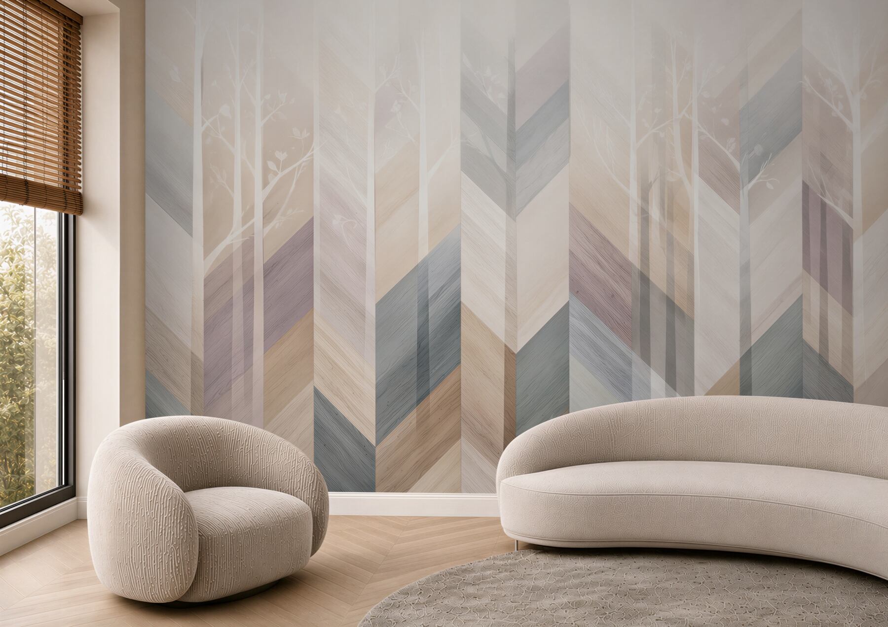 Fototapeta geometryczny las pastelowy z drzewami skandynawska abstrakcja?v23