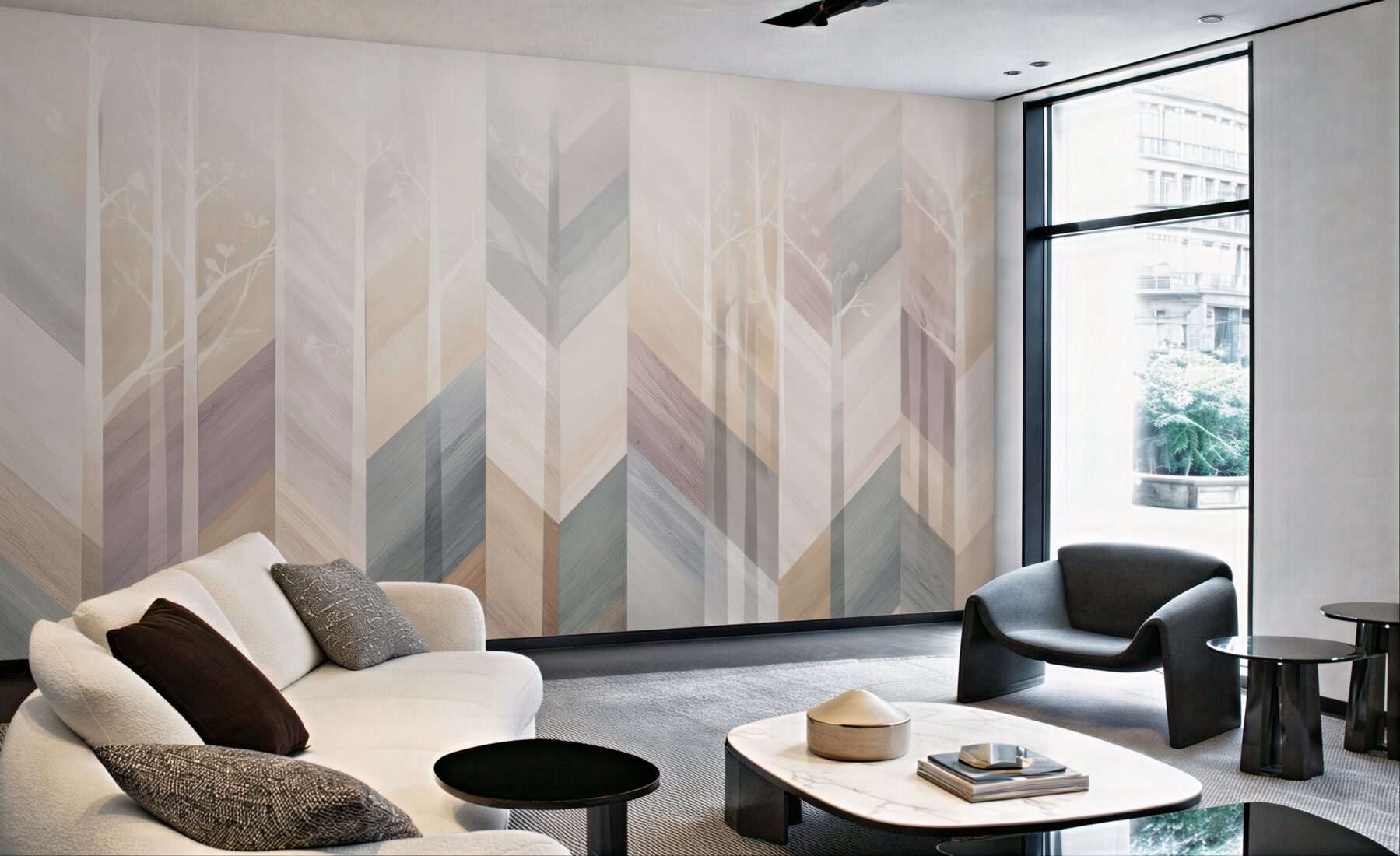 Fototapeta geometryczny las pastelowy z drzewami skandynawska abstrakcja?v23