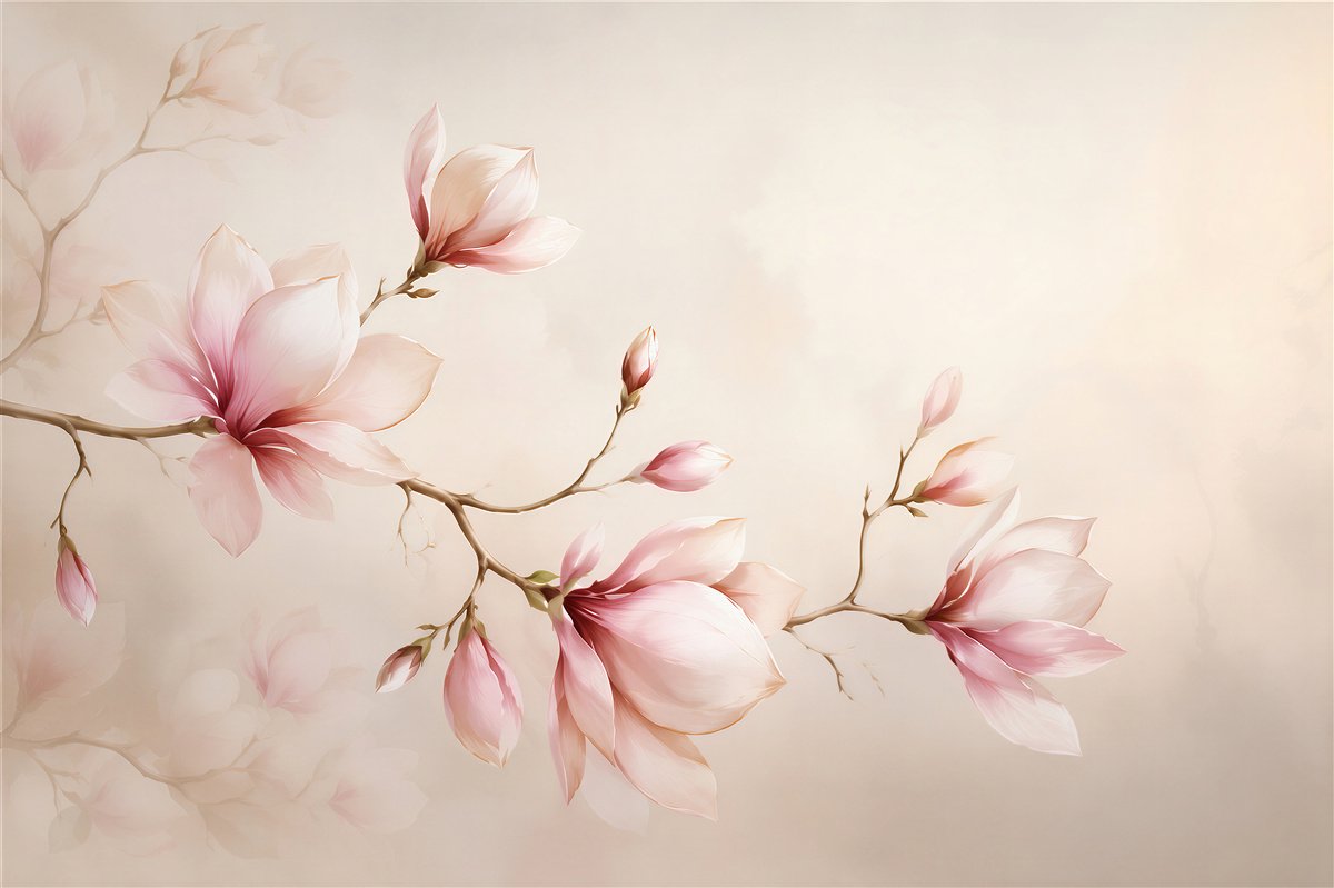 Fototapeta magnolie różowe na beżowym tle elegancka do sypialni