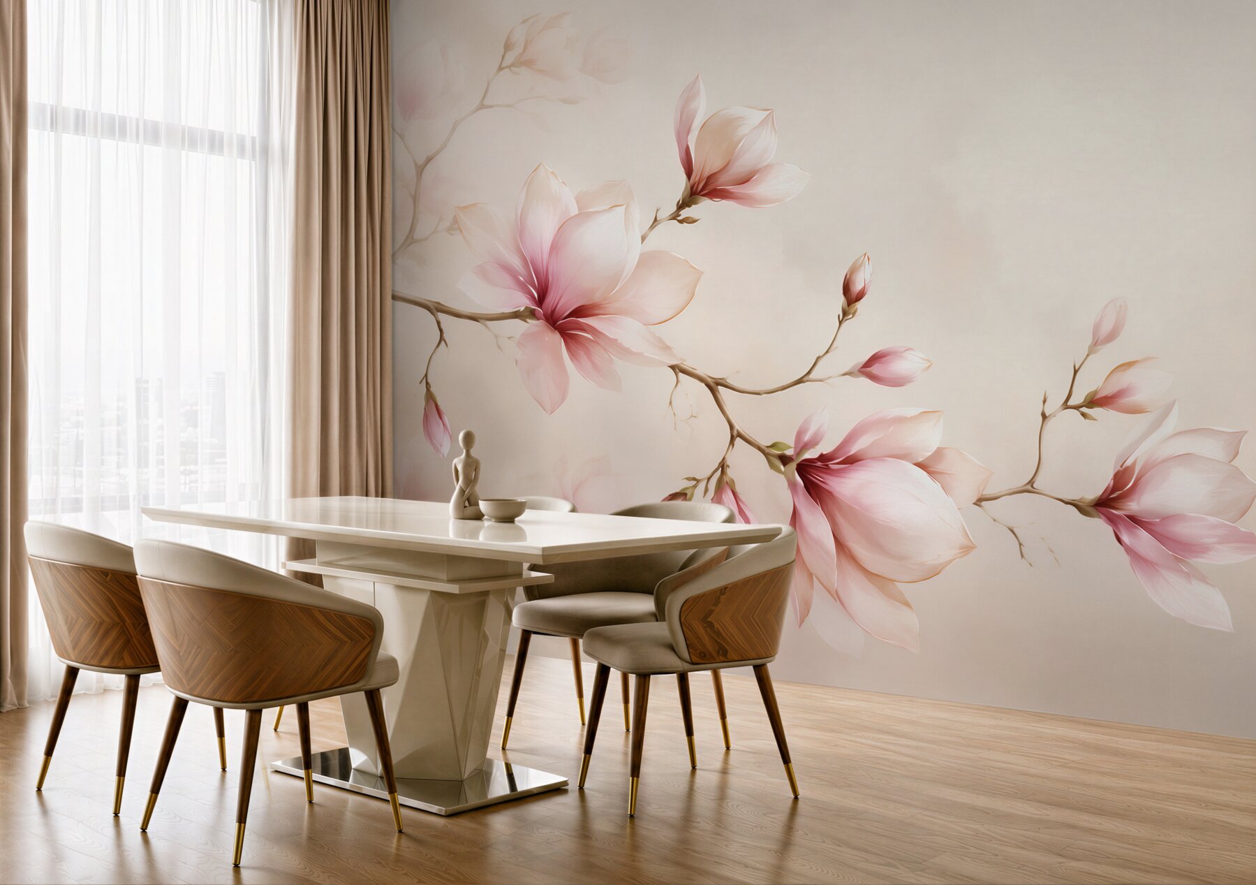 Fototapeta magnolie różowe na beżowym tle elegancka do sypialni?v23