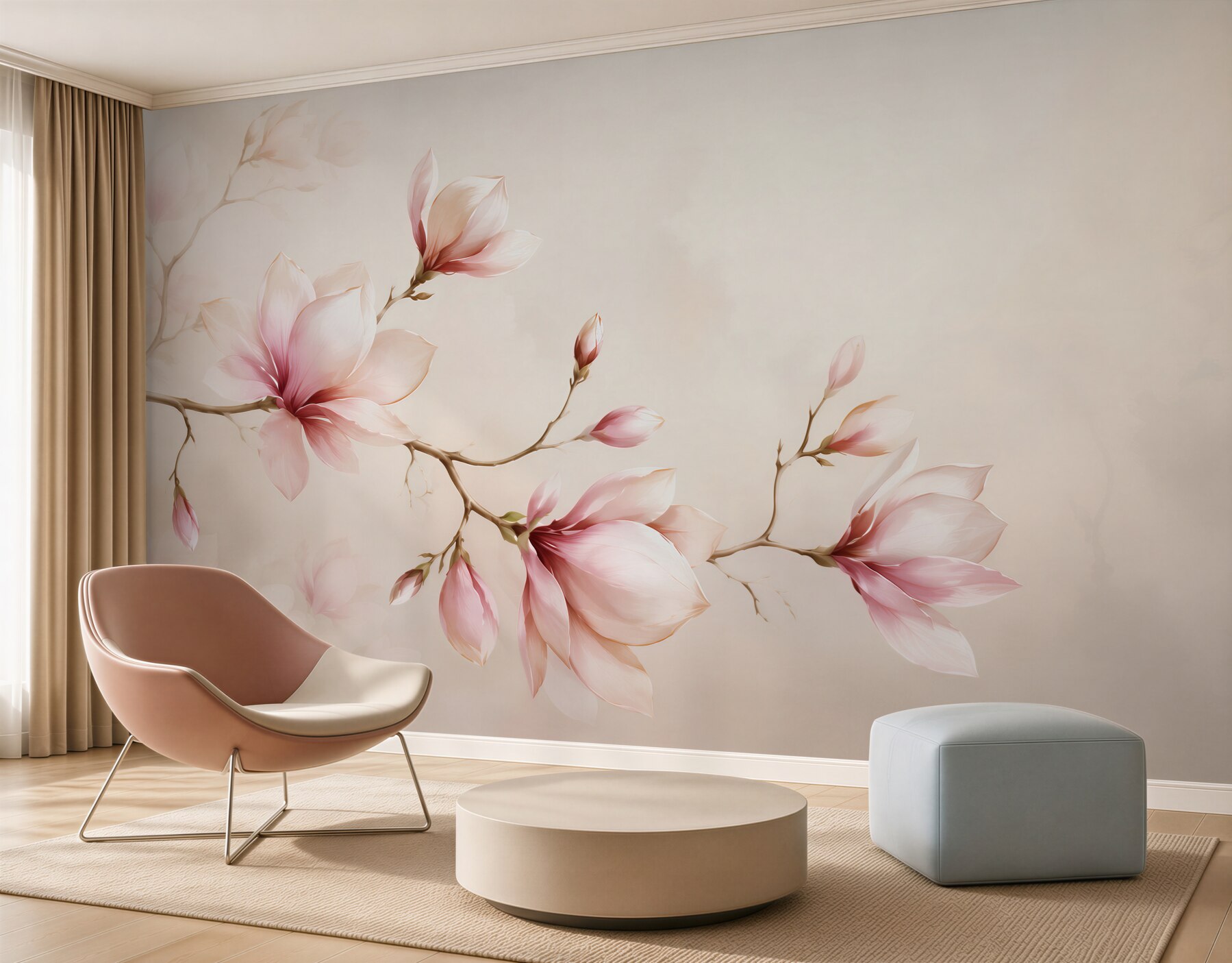 Fototapeta magnolie różowe na beżowym tle elegancka do sypialni?v23